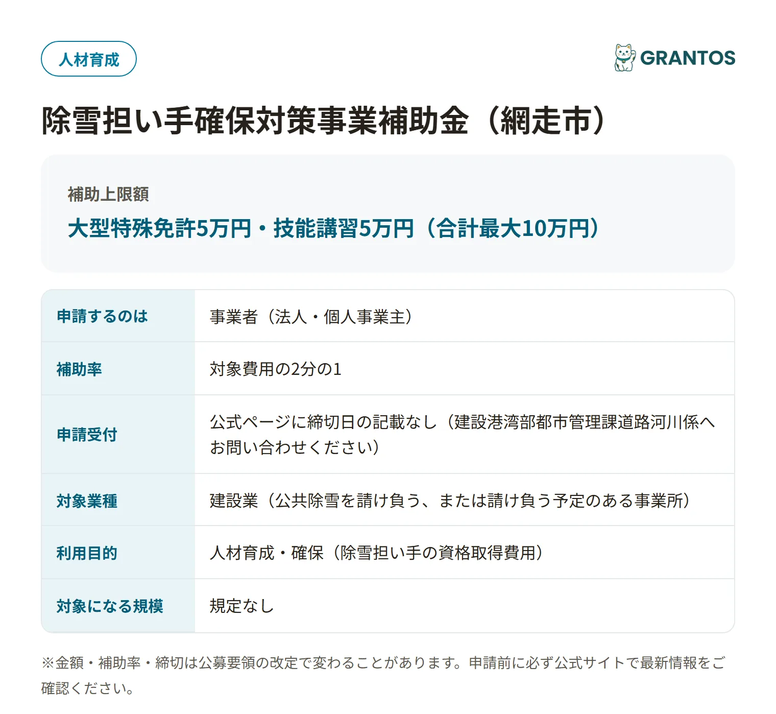 除雪担い手確保対策事業補助金の対象・金額・締切の概要