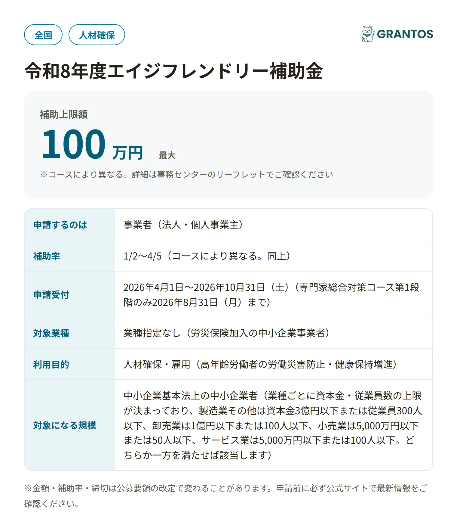 令和8年度エイジフレンドリー補助金の対象・金額・締切の概要