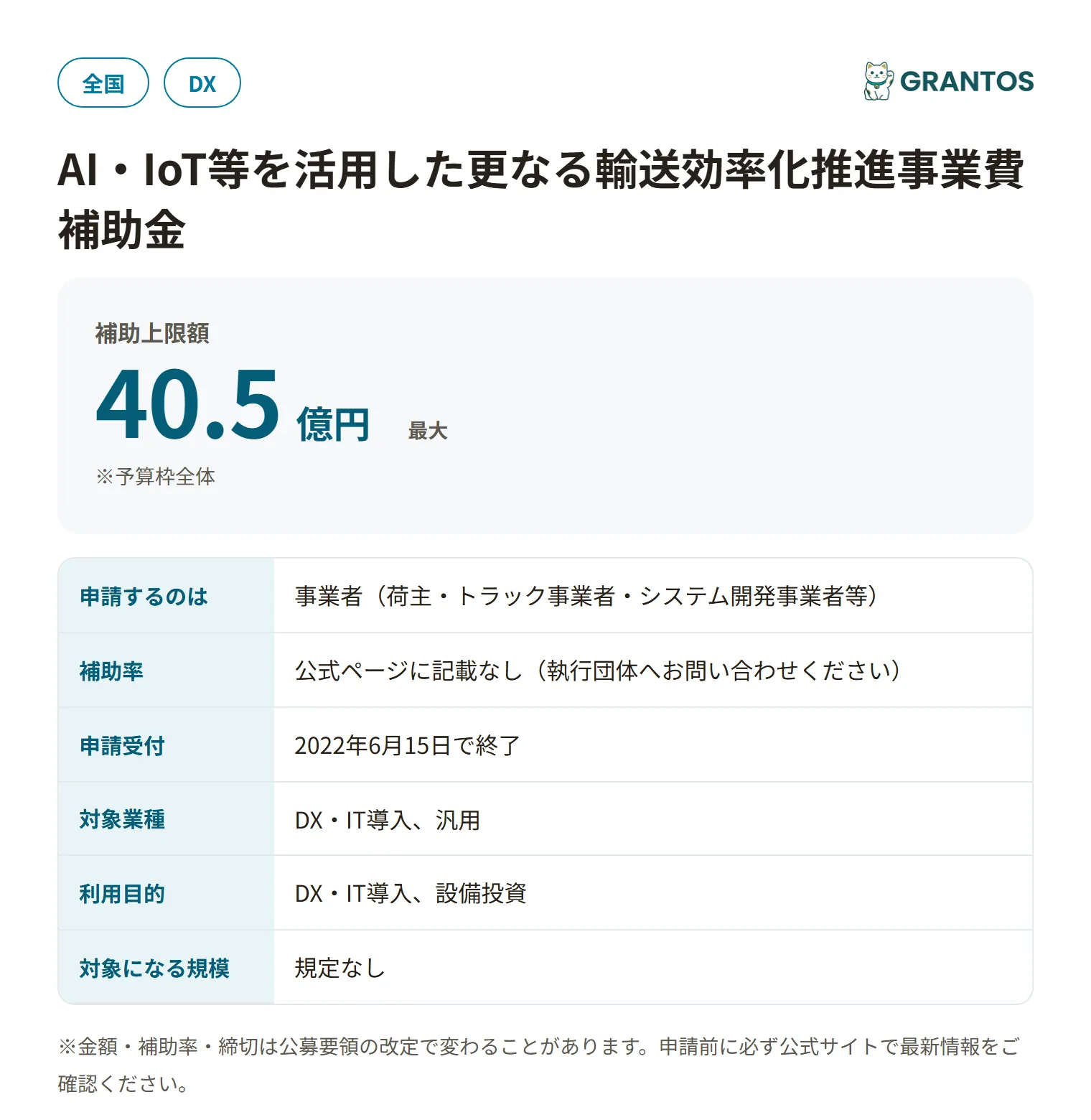 AI・IoT等を活用した更なる輸送効率化推進事業費補助金（令和4年度3次公募）の対象・金額・締切の概要