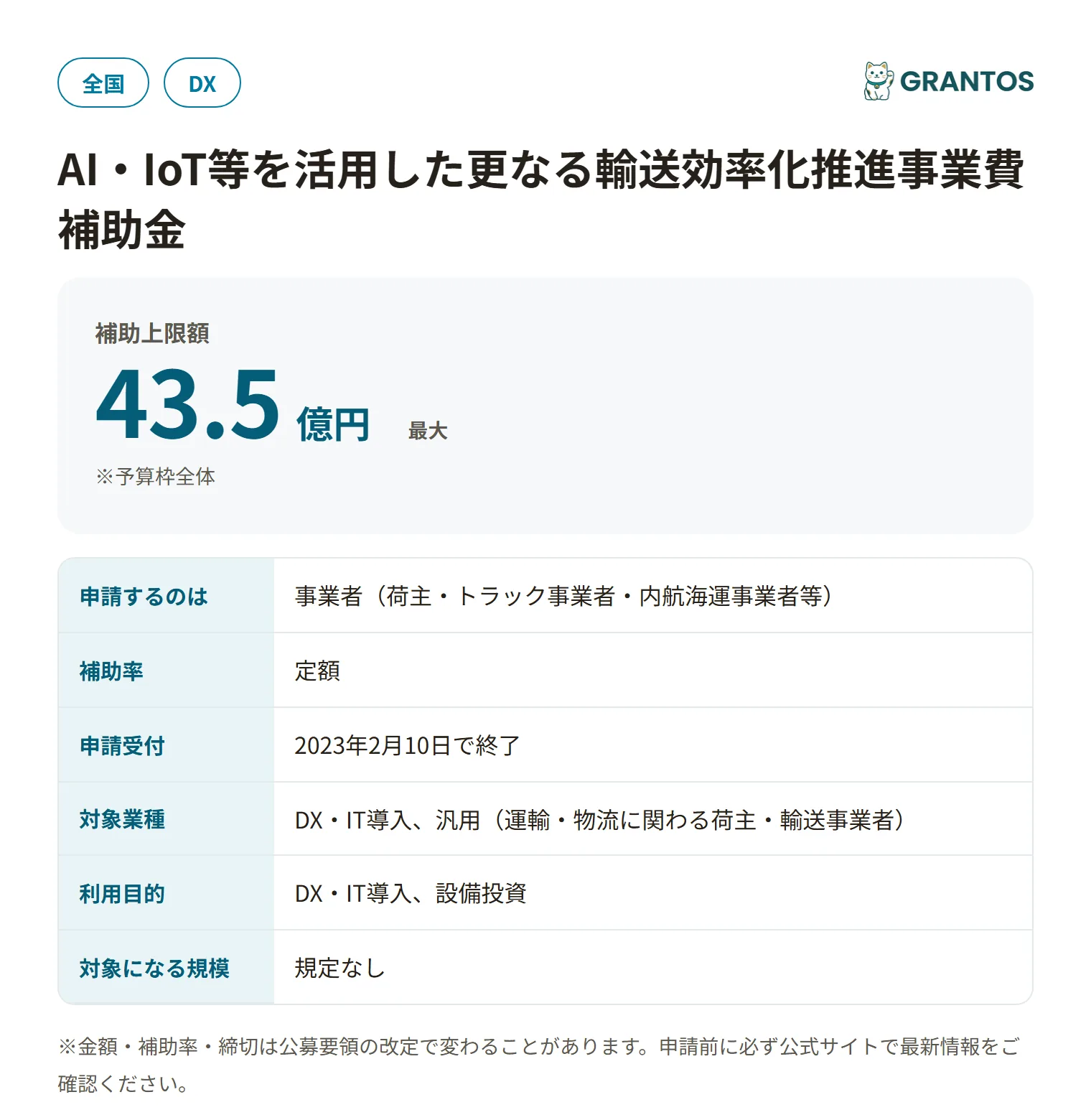 AI・IoT等を活用した更なる輸送効率化推進事業費補助金（令和5年度）の対象・金額・締切の概要