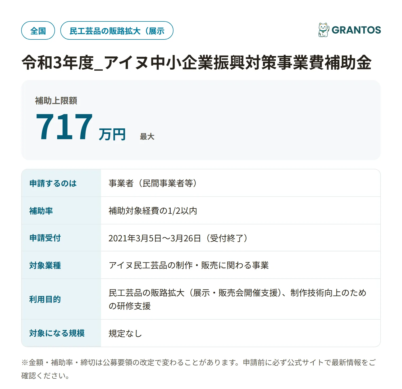 アイヌ中小企業振興対策事業費補助金（令和3年度）の対象・金額・締切の概要