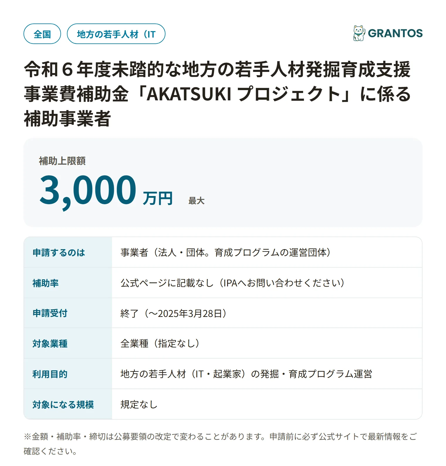 AKATSUKIプロジェクト補助金(令和6年度)の対象・金額・締切の概要