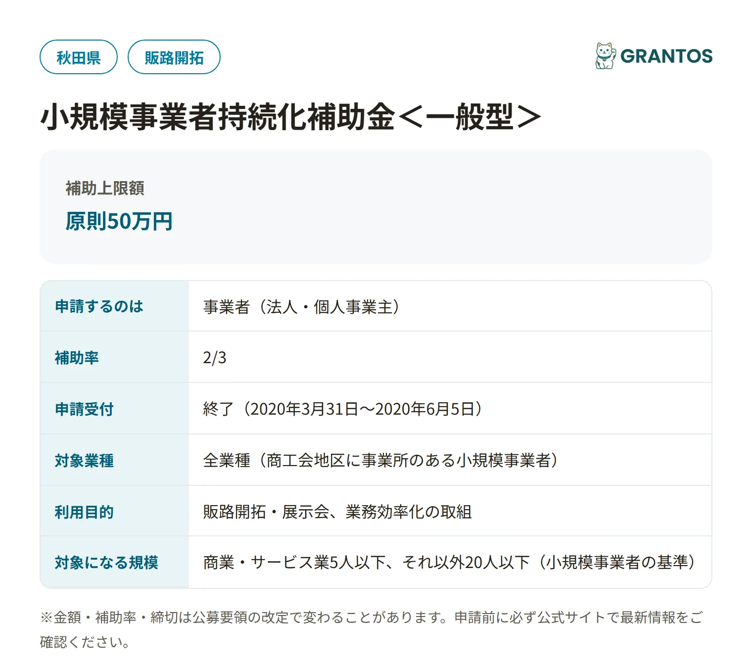 小規模事業者持続化補助金＜一般型＞の対象・金額・締切の概要