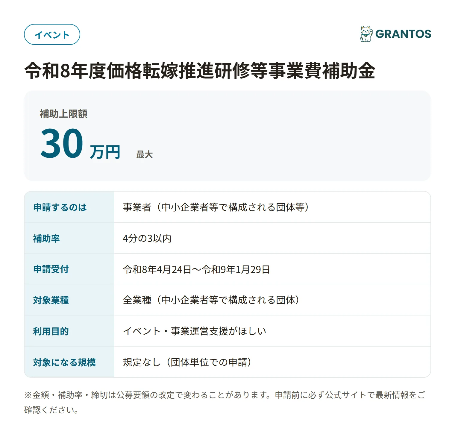 価格転嫁推進研修等事業費補助金の対象・金額・締切の概要