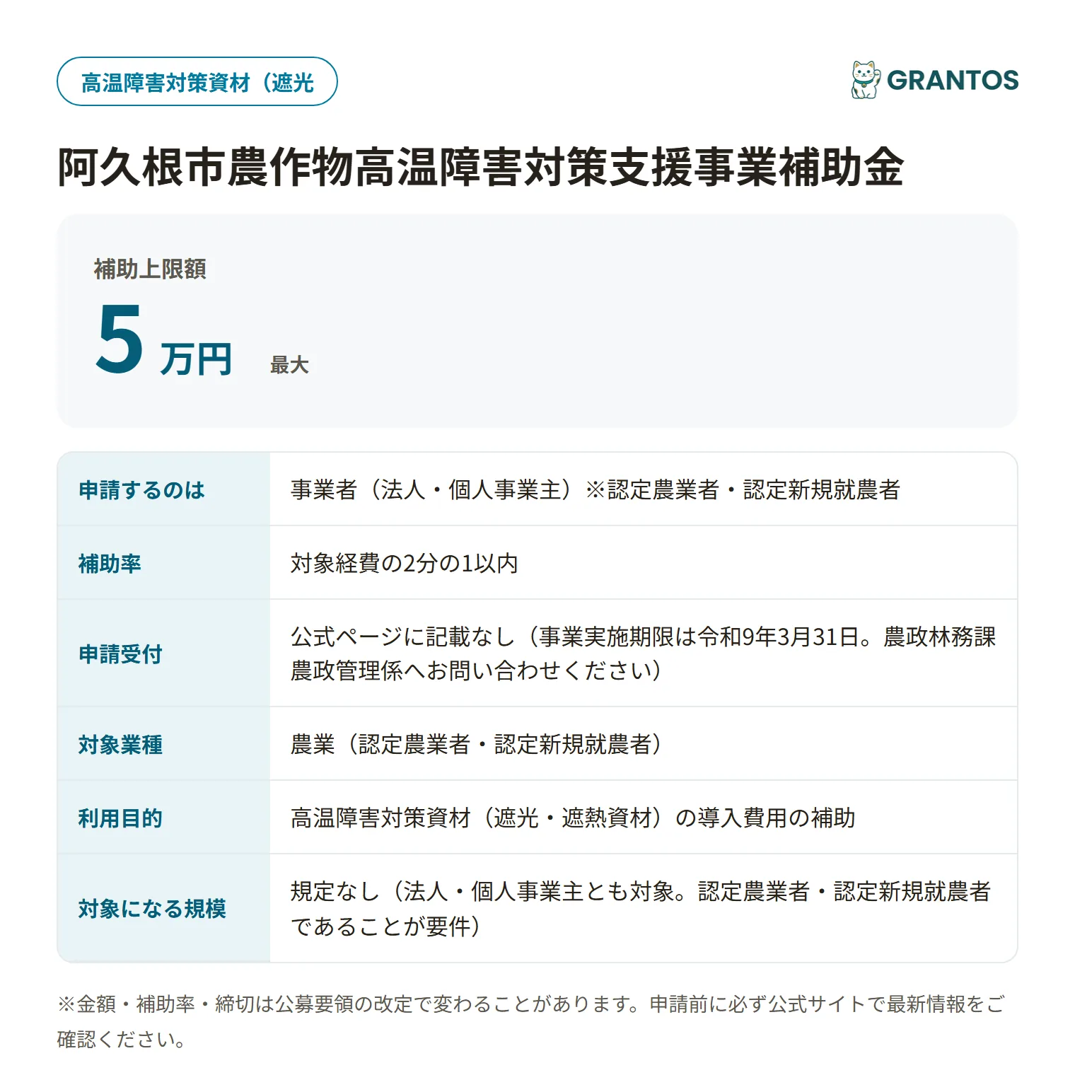 阿久根市農作物高温障害対策補助金の対象・金額・締切の概要