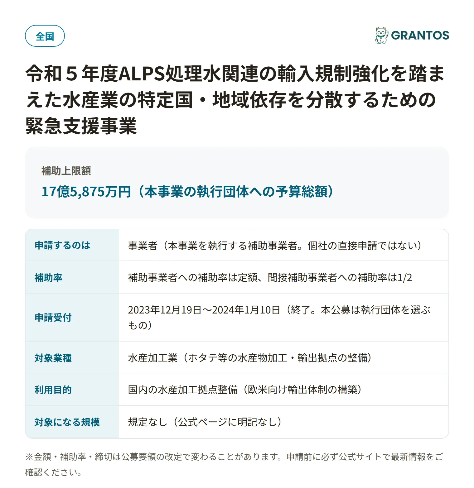 地域の加工拠点整備支援事業補助金の対象・金額・締切の概要