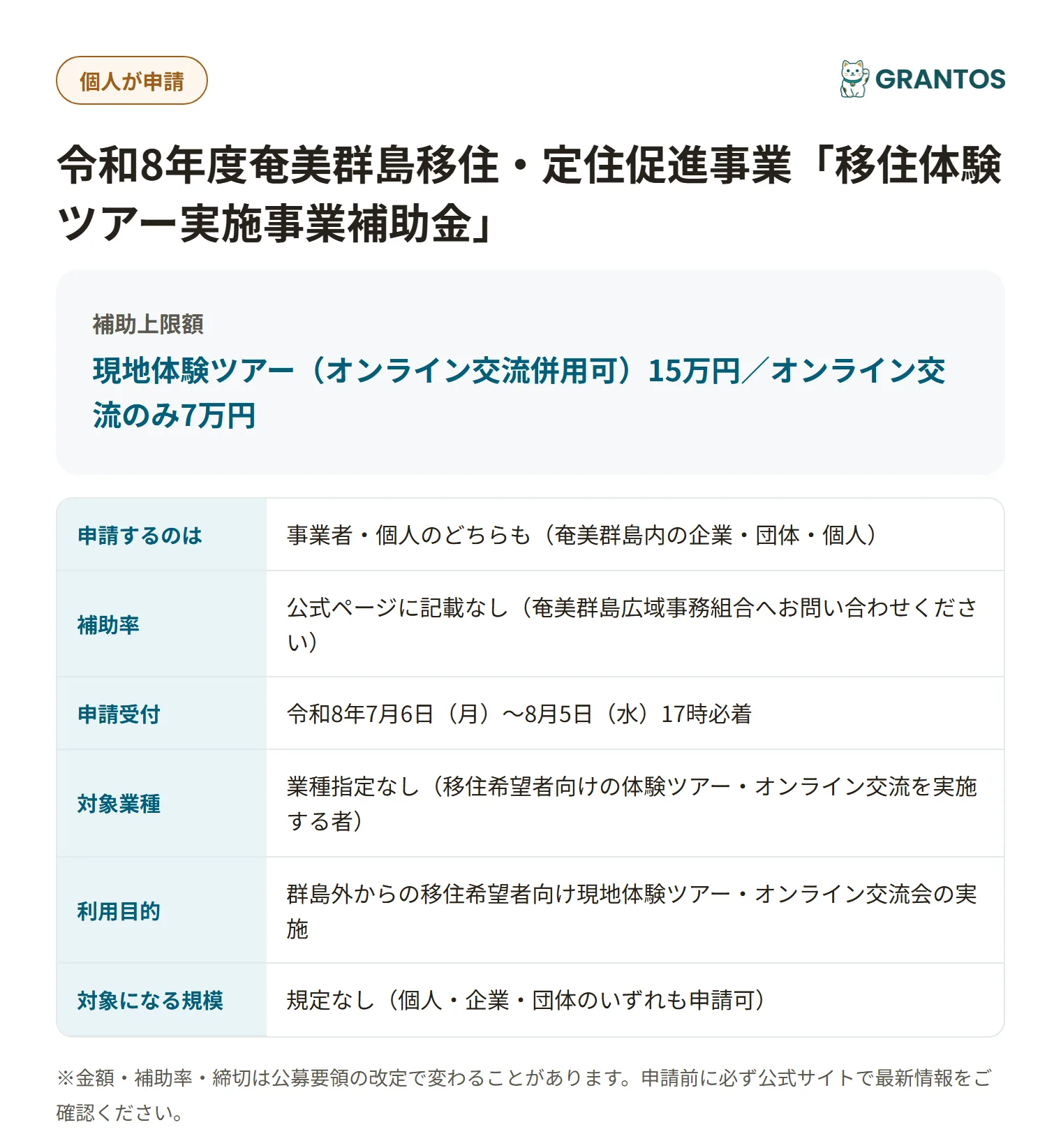 移住体験ツアー実施事業補助金の対象・金額・締切の概要