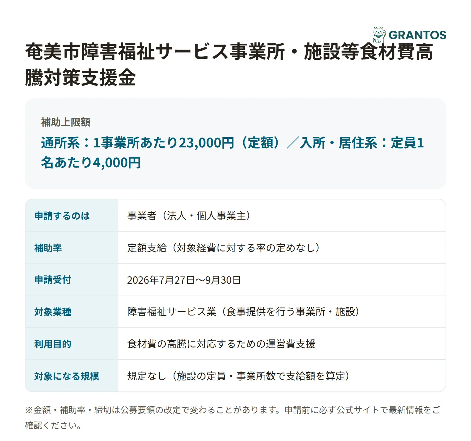 奄美市障害福祉サービス事業所・施設等食材費高騰対策支援金の対象・金額・締切の概要