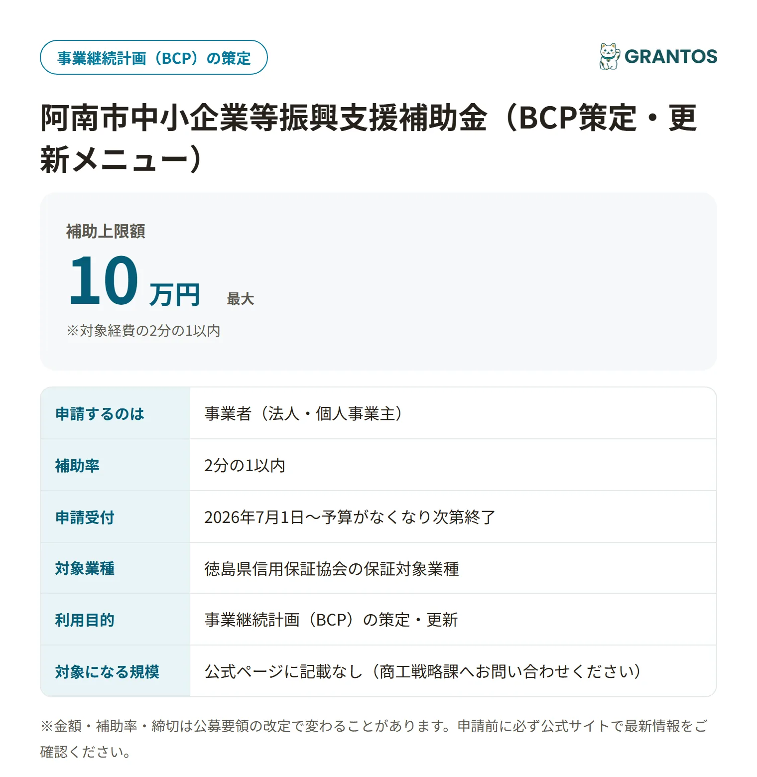 阿南市中小企業等振興支援補助金（BCP策定）の対象・金額・締切の概要