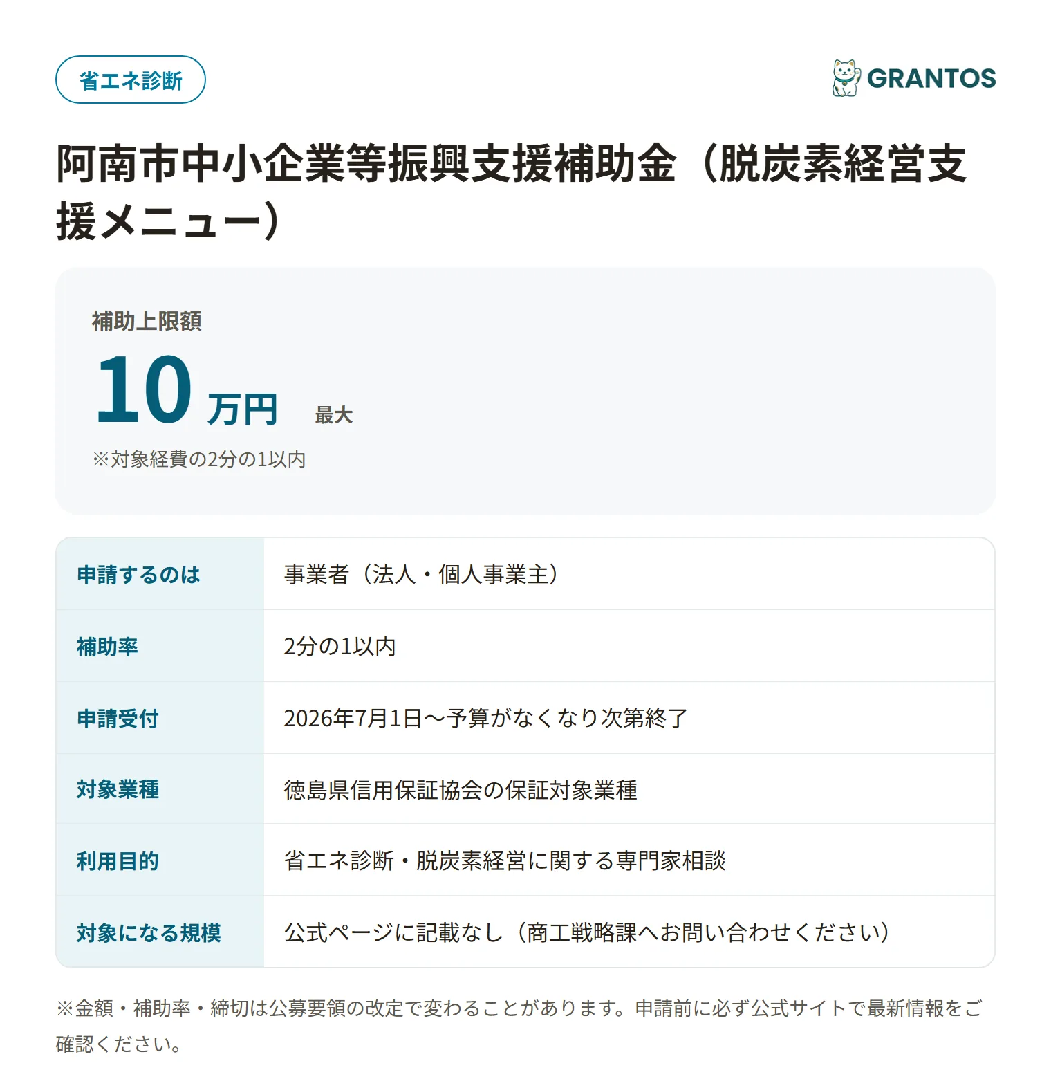 阿南市中小企業等振興支援補助金（脱炭素経営）の対象・金額・締切の概要