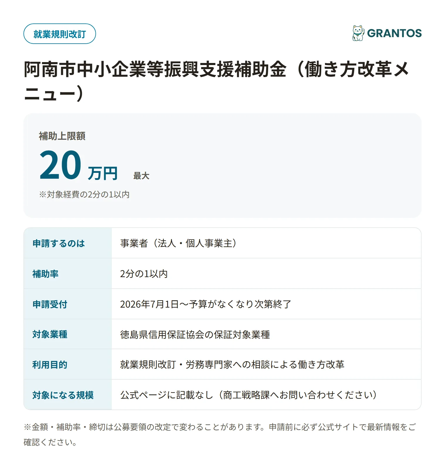 阿南市中小企業等振興支援補助金（働き方改革）の対象・金額・締切の概要