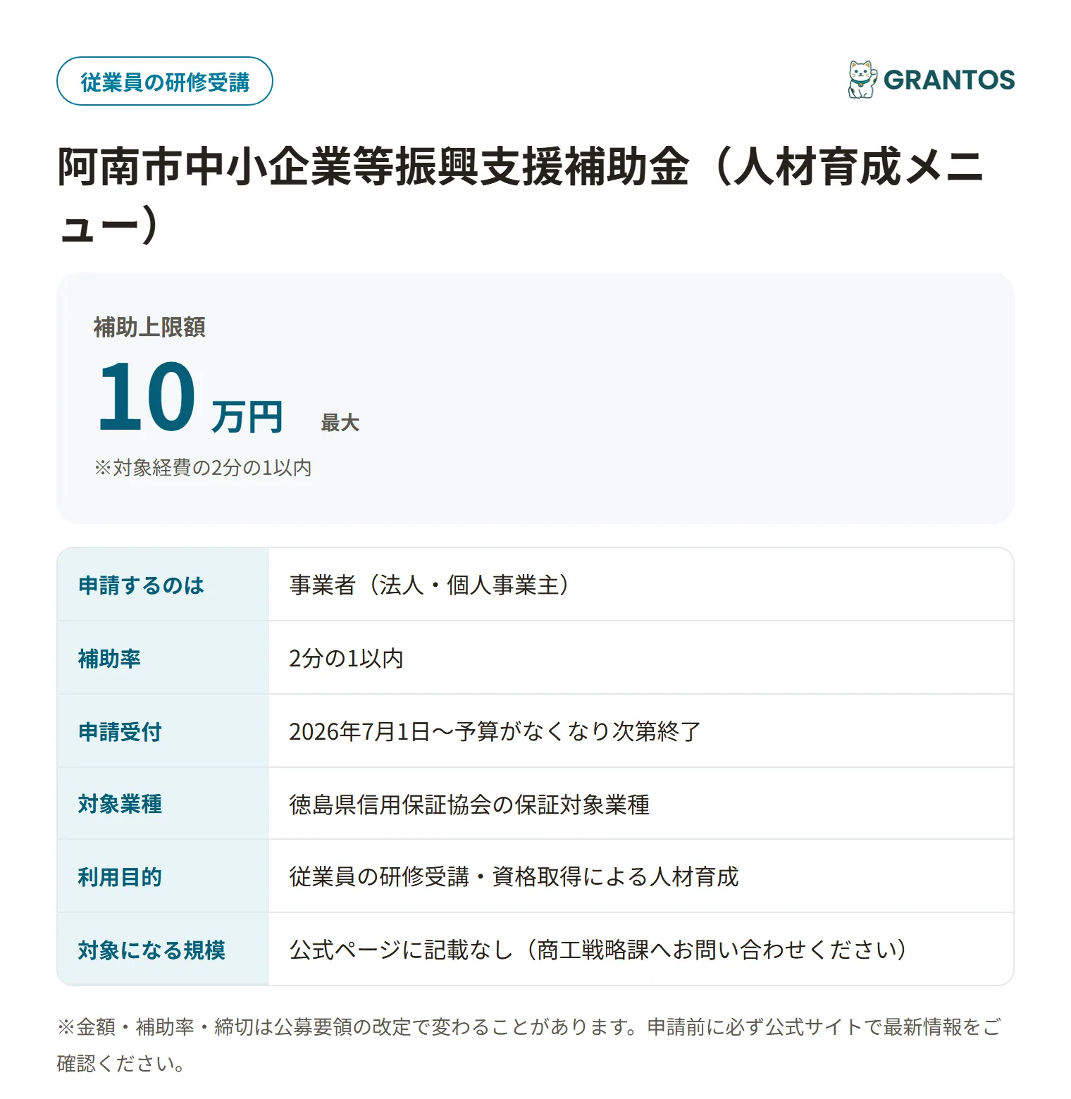 阿南市中小企業等振興支援補助金（人材育成）の対象・金額・締切の概要