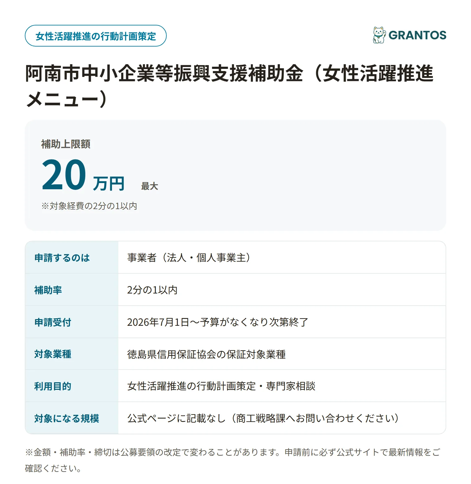 阿南市中小企業等振興支援補助金（女性活躍）の対象・金額・締切の概要
