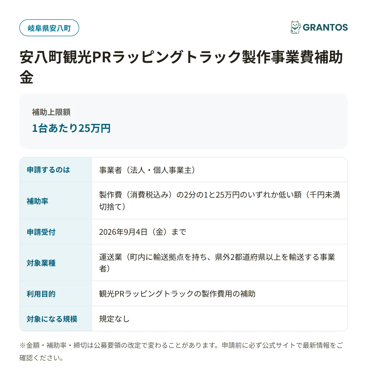 安八町観光PRラッピングトラック製作事業費補助金の対象・金額・締切の概要