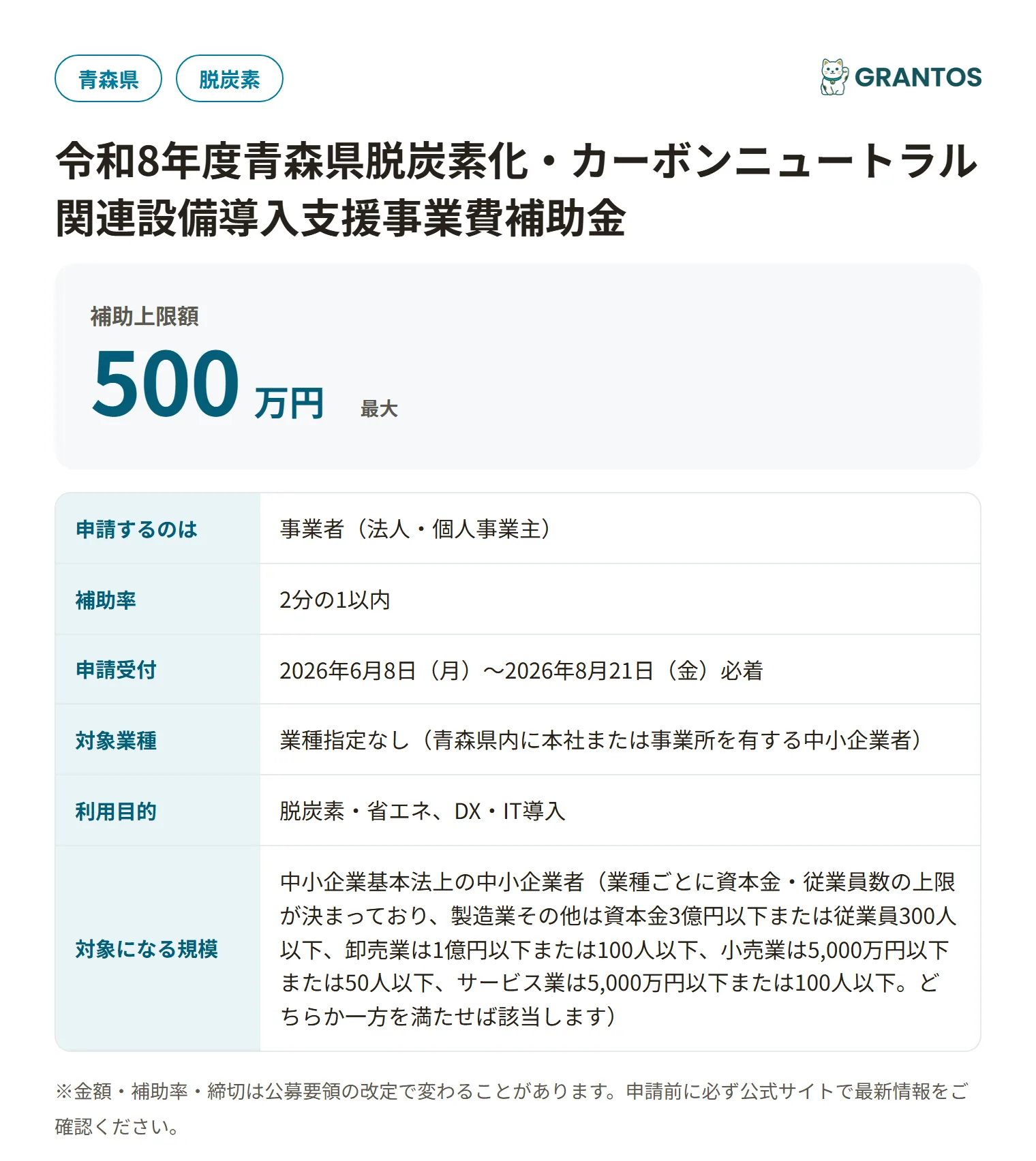脱炭素化・カーボンニュートラル関連設備導入支援事業費補助金の対象・金額・締切の概要