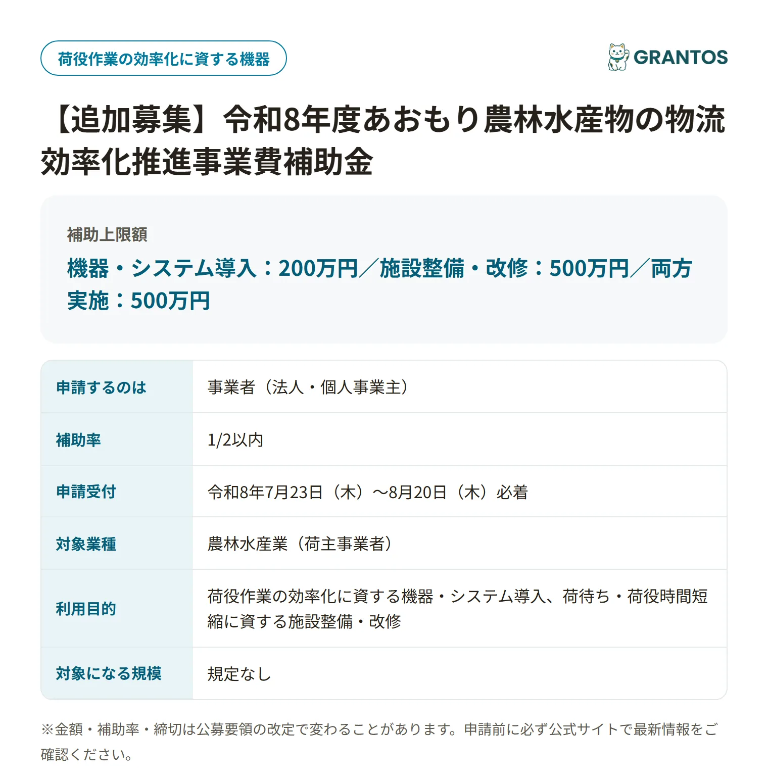 農林水産物物流効率化補助金の対象・金額・締切の概要