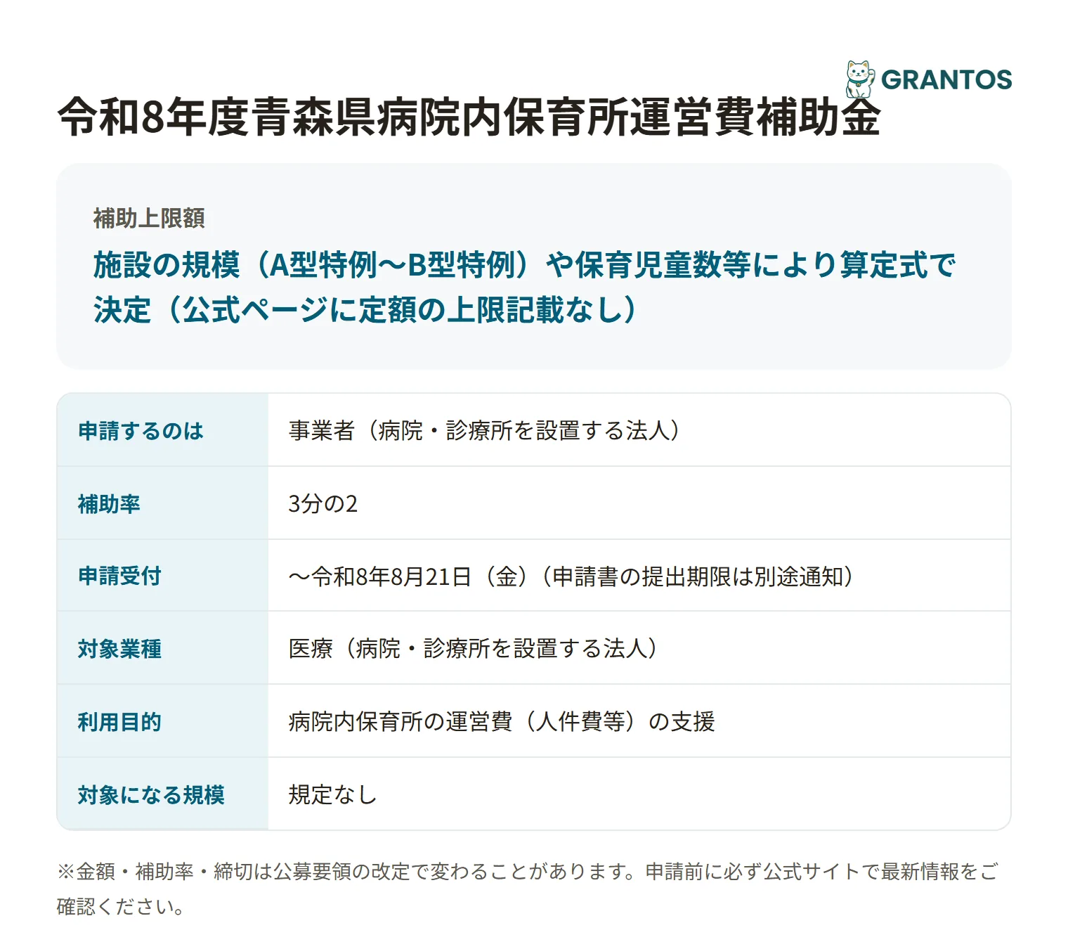 病院内保育所運営費補助金の対象・金額・締切の概要