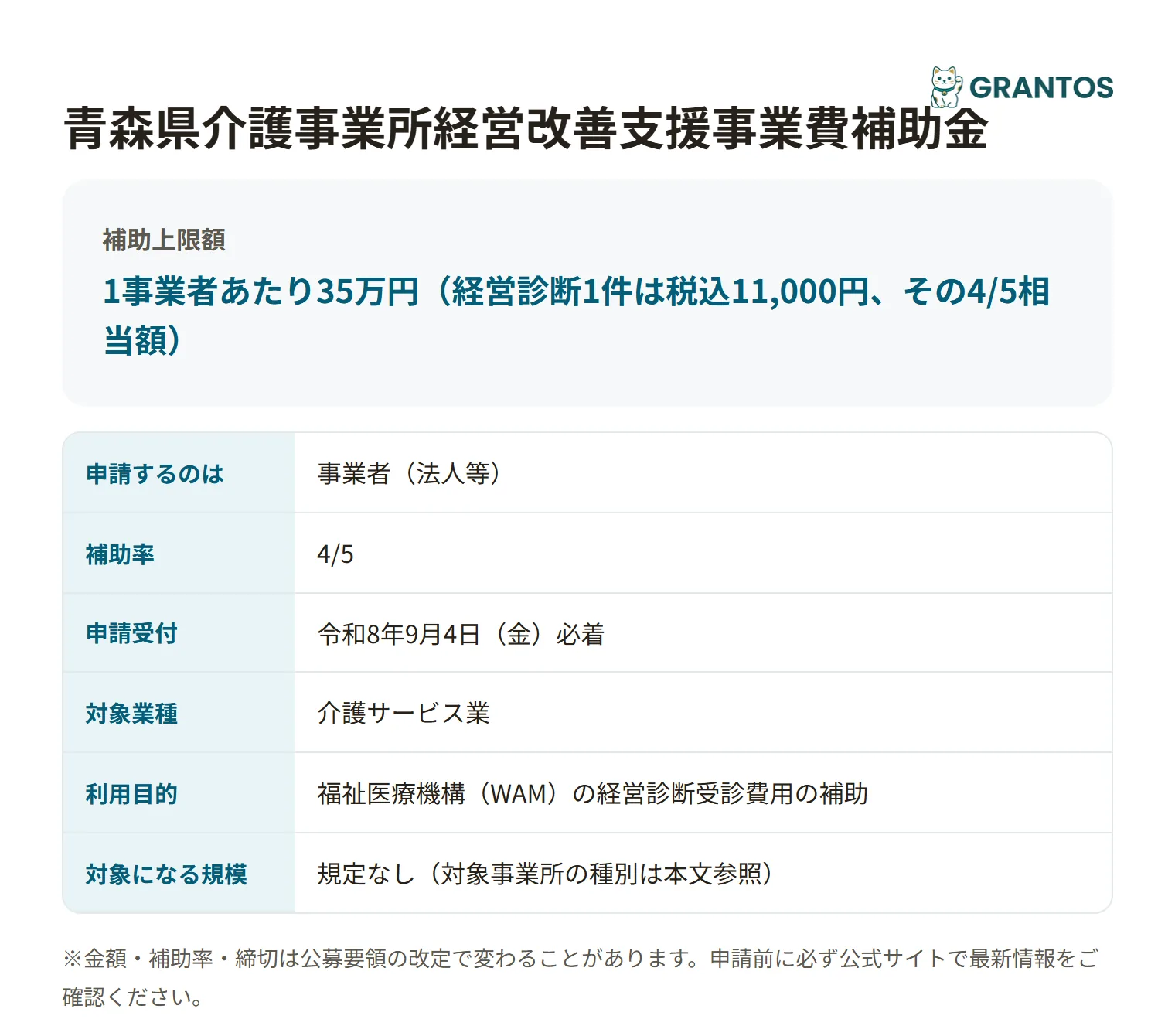介護事業所経営改善支援補助金の対象・金額・締切の概要