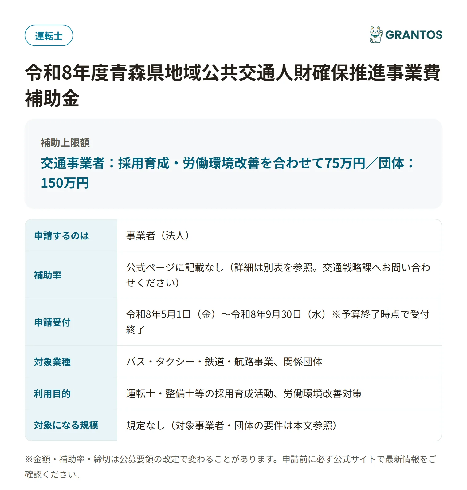 地域公共交通人財確保補助金の対象・金額・締切の概要