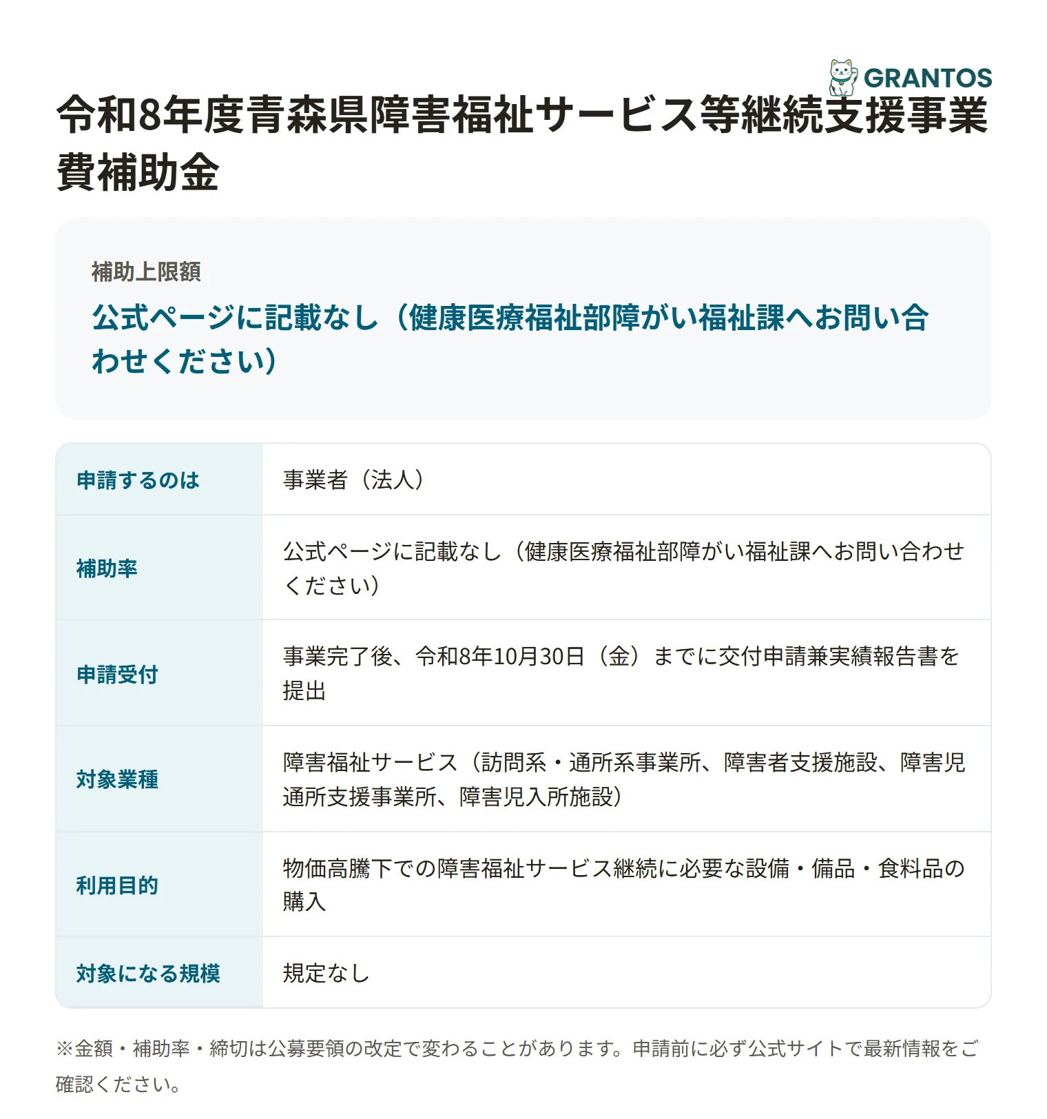 障害福祉サービス等継続支援事業費補助金の対象・金額・締切の概要