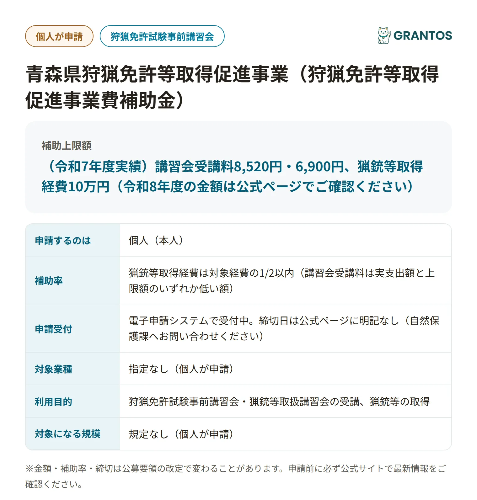 青森県狩猟免許等取得促進事業の対象・金額・締切の概要