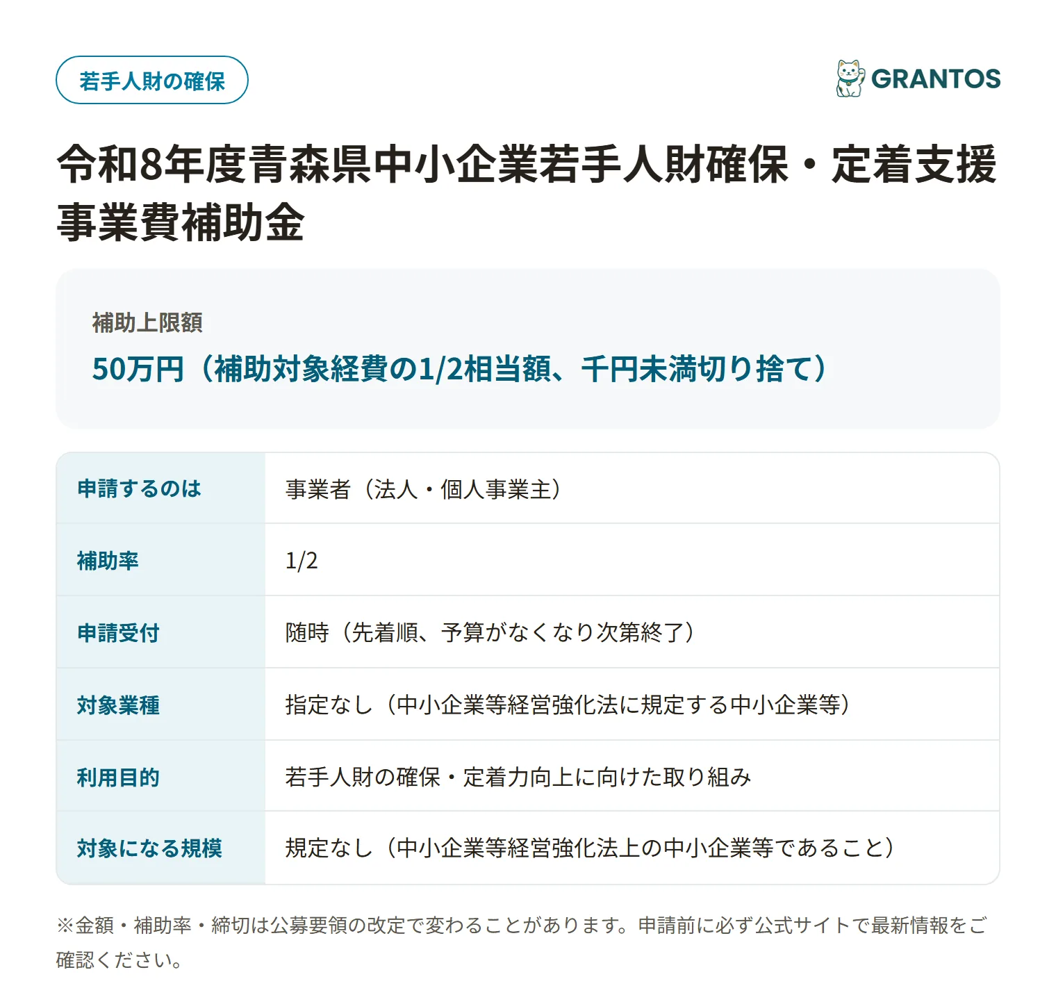 若手人財確保・定着支援補助金の対象・金額・締切の概要