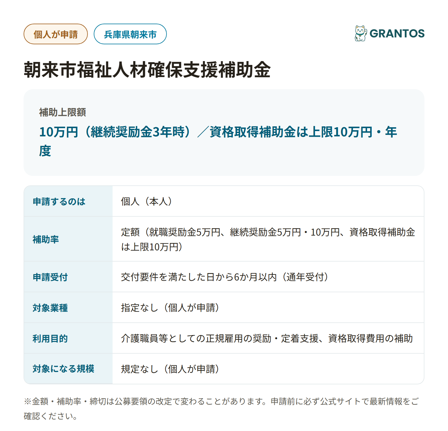 朝来市福祉人材確保支援補助金の段階別支給額・資格取得補助金の概要