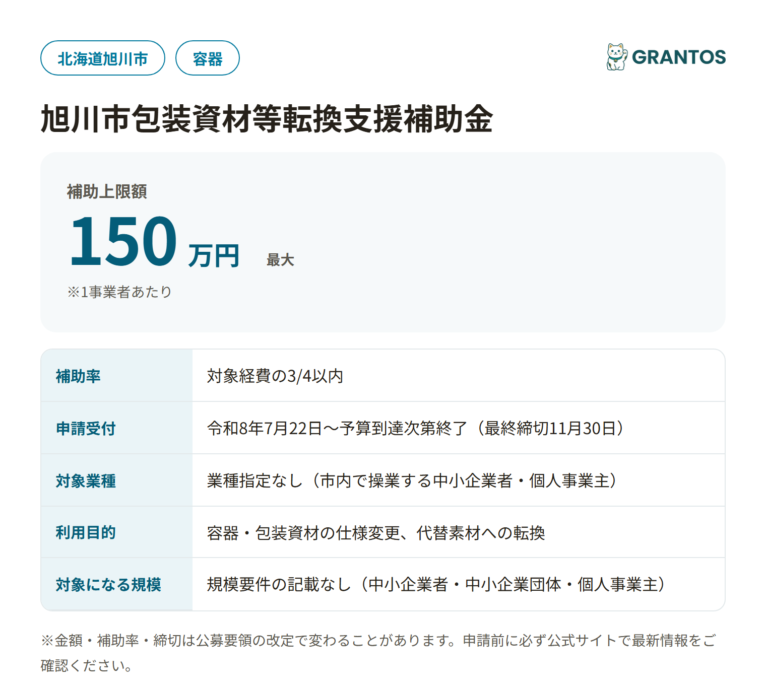 旭川市包装資材等転換支援補助金の対象・金額・締切の概要