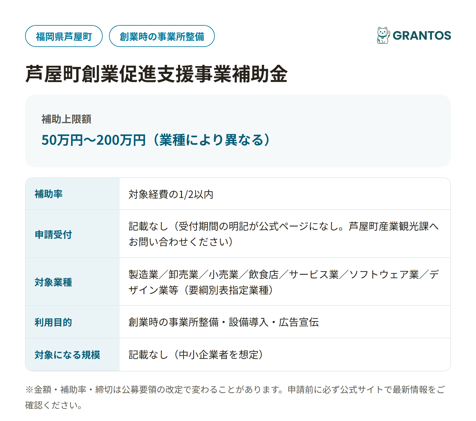 芦屋町創業促進支援事業補助金の対象・金額・締切の概要