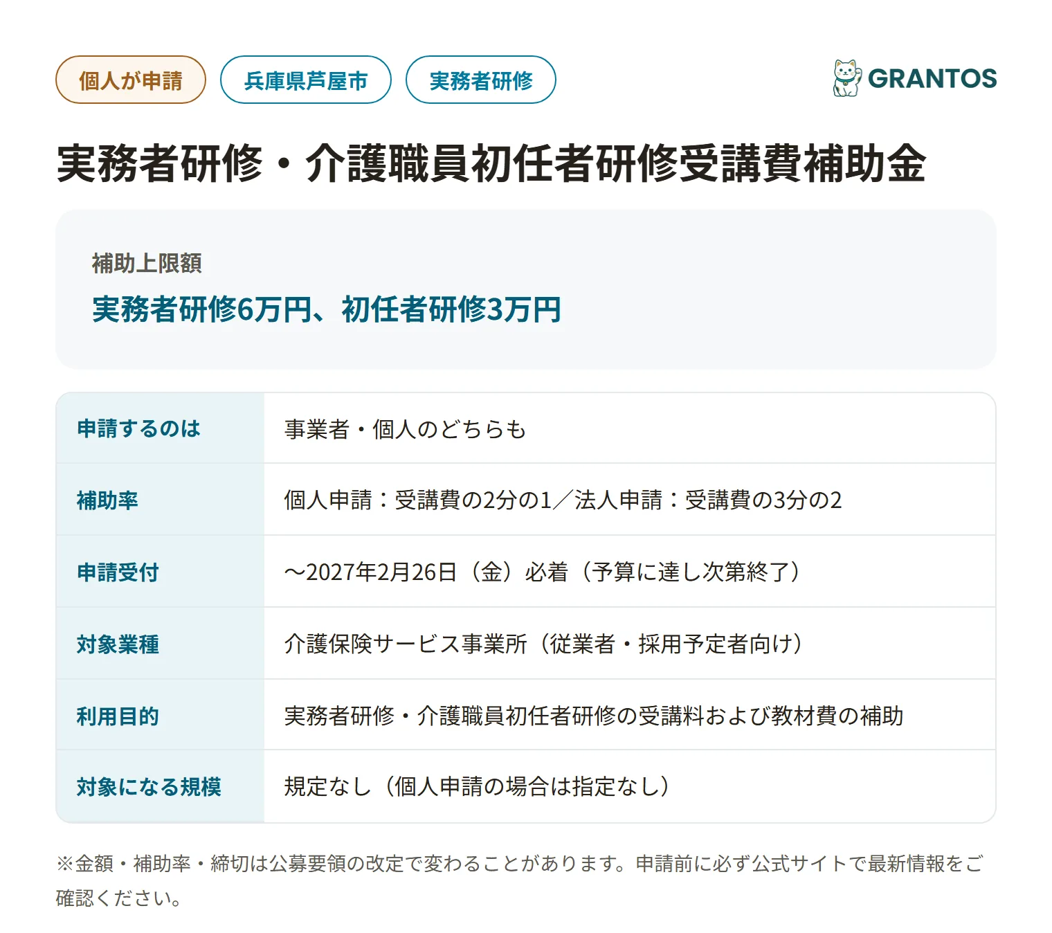 芦屋市介護職員研修受講費補助金の対象・金額・締切の概要