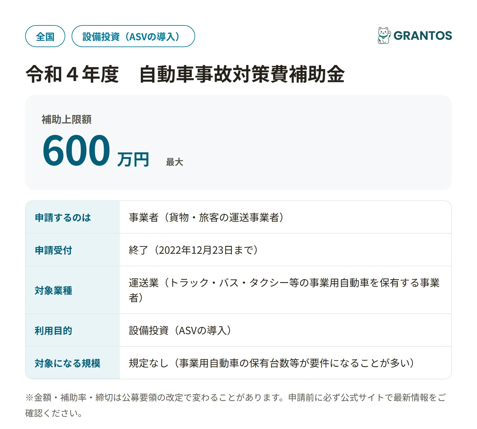 自動車事故対策費補助金(ASV導入支援)R4の対象・金額・締切の概要