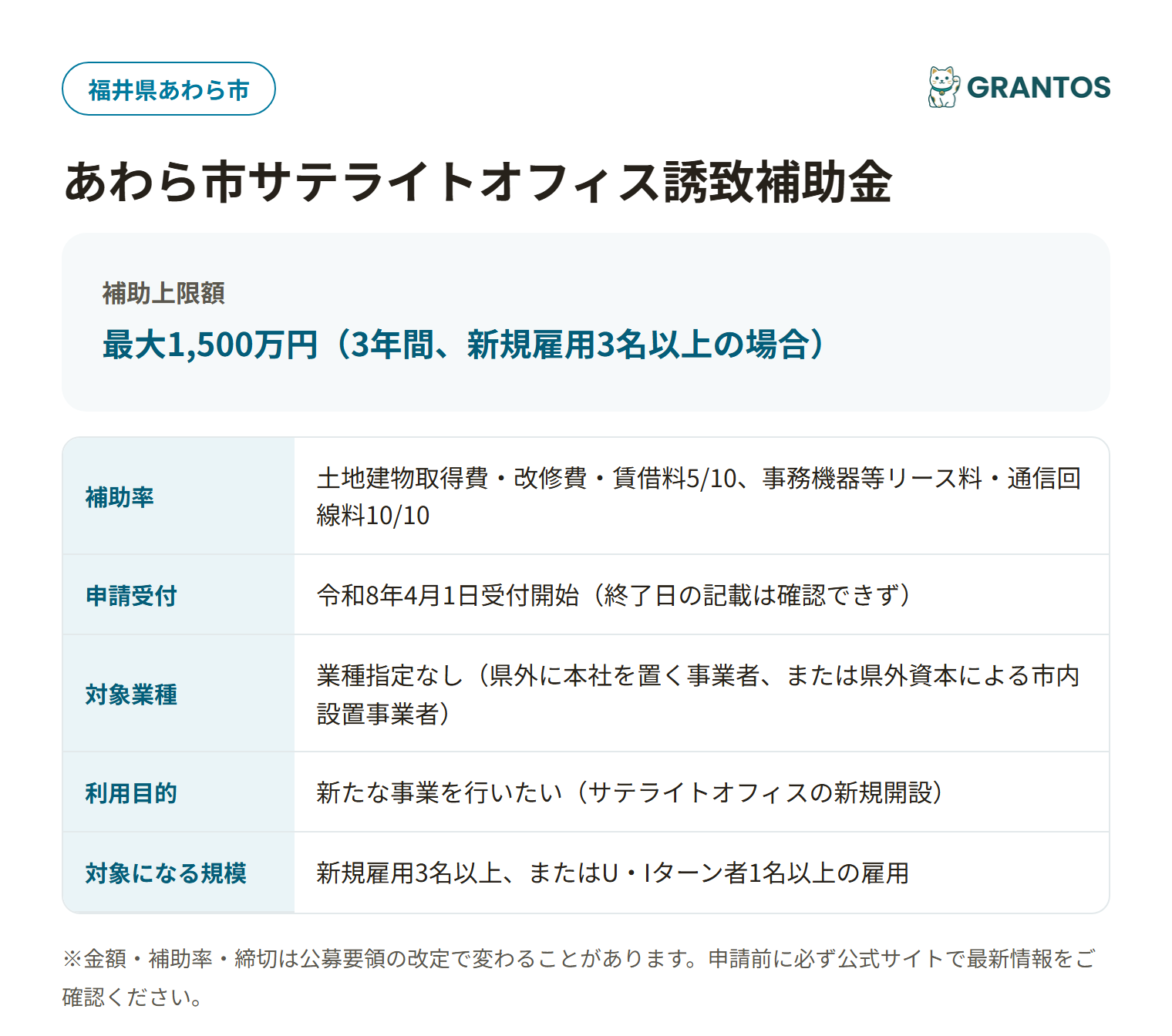 あわら市サテライトオフィス誘致補助金の対象・金額・締切の概要