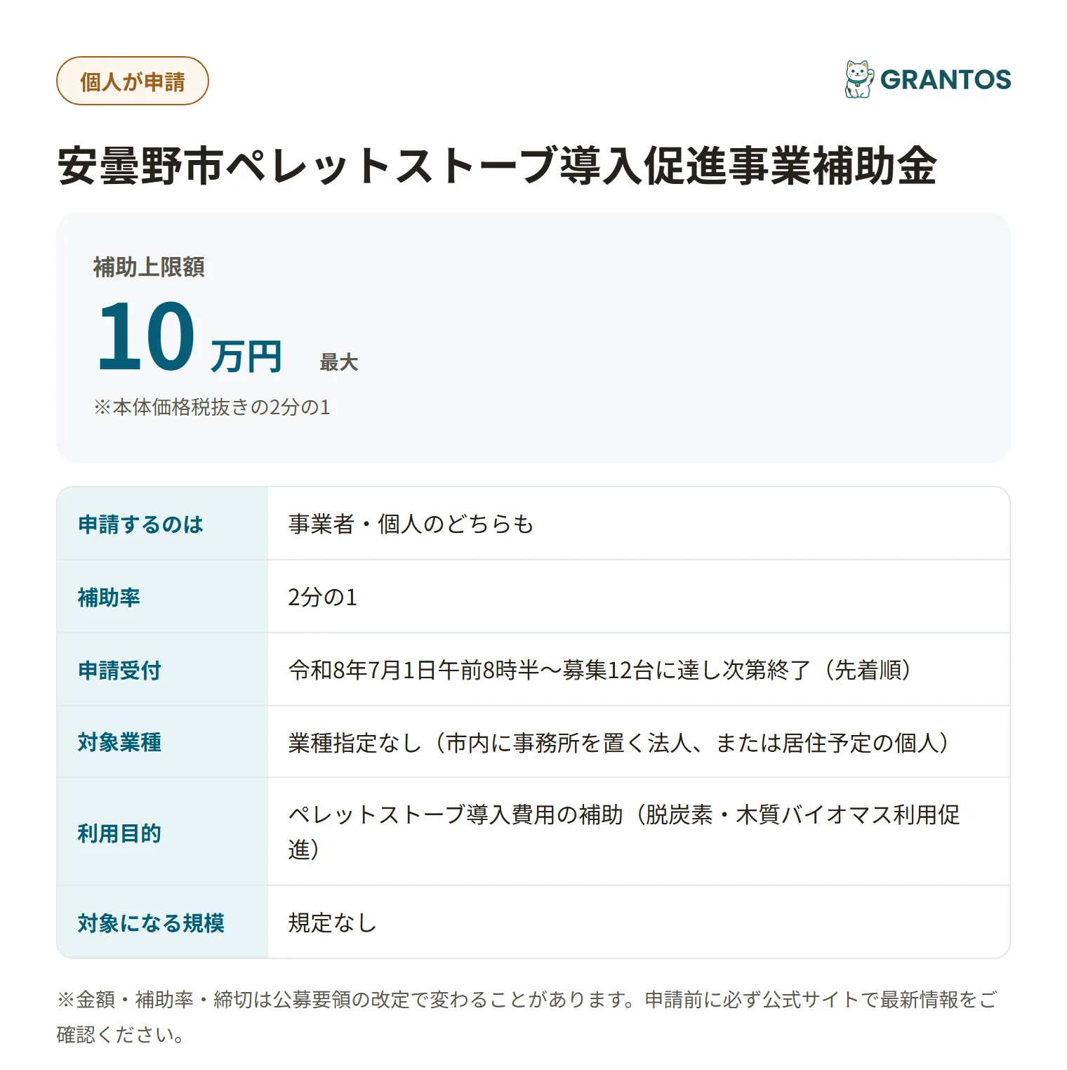 安曇野市ペレットストーブ導入促進事業補助金の対象・金額・締切の概要