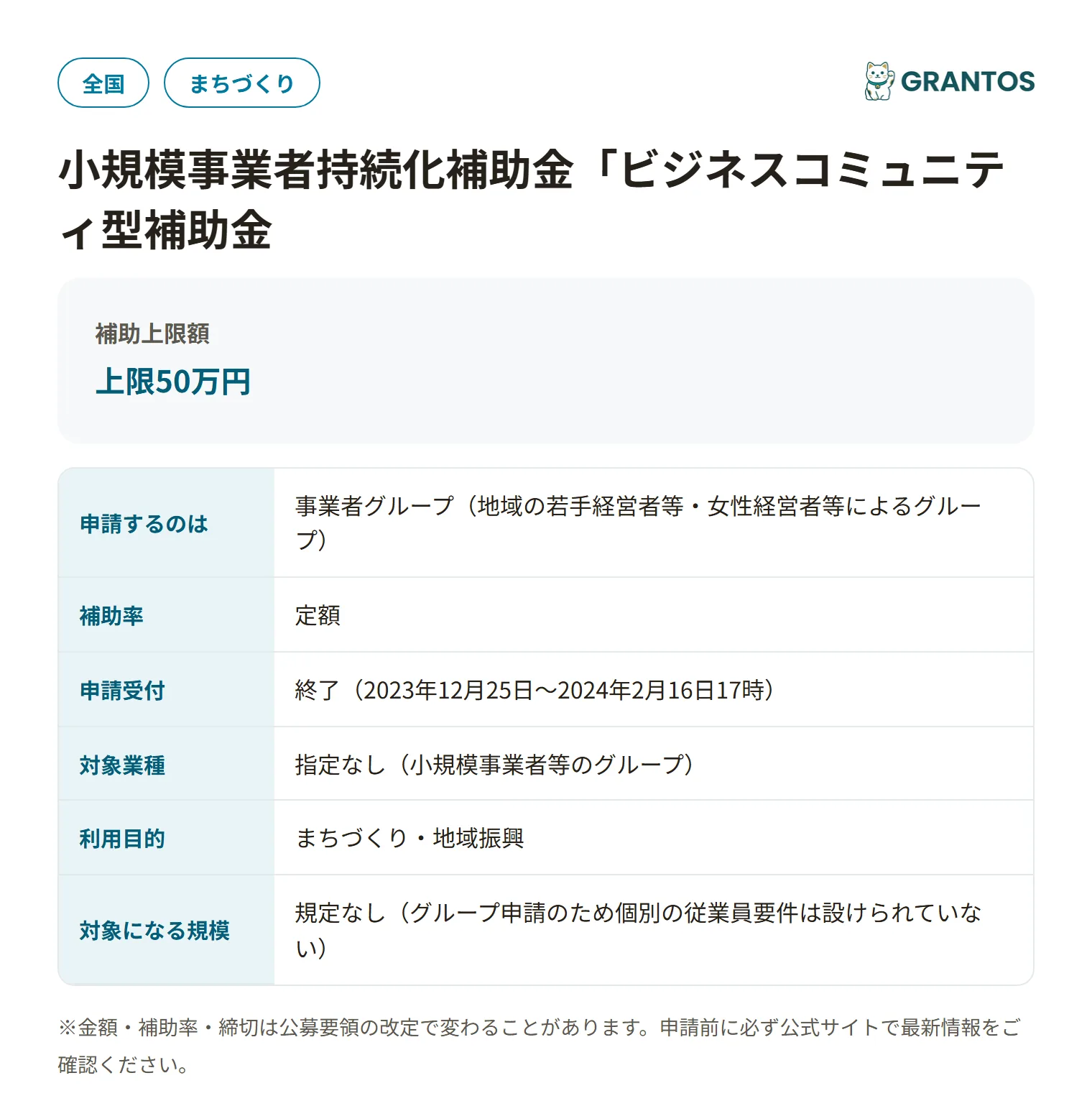 小規模事業者持続化補助金ビジネスコミュニティ型（商工会地区・第7回）の対象・金額・締切の概要