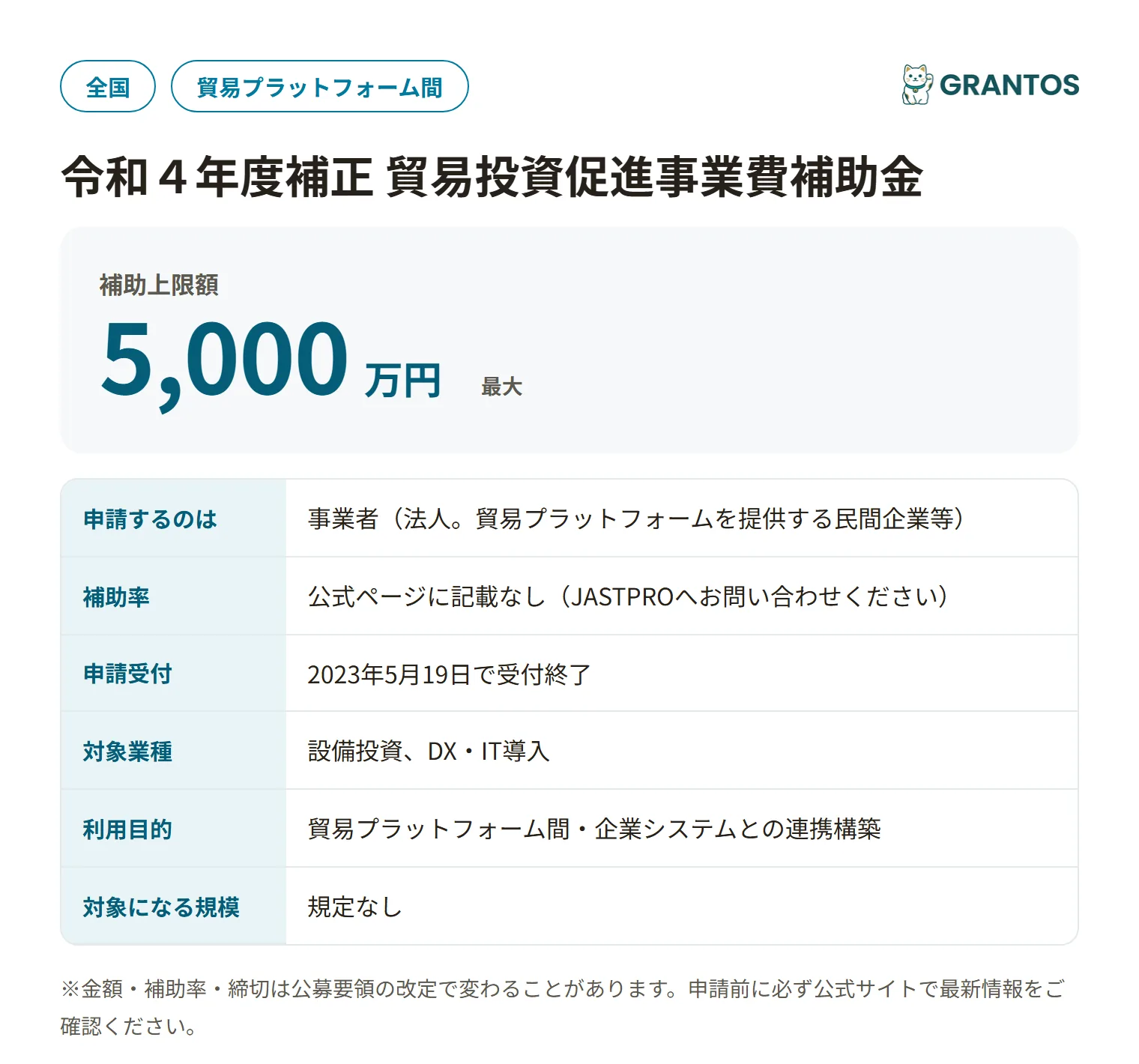 貿易投資促進事業費補助金（貿易プラットフォーム活用による貿易手続きデジタル化推進事業）の対象・金額・締切の概要