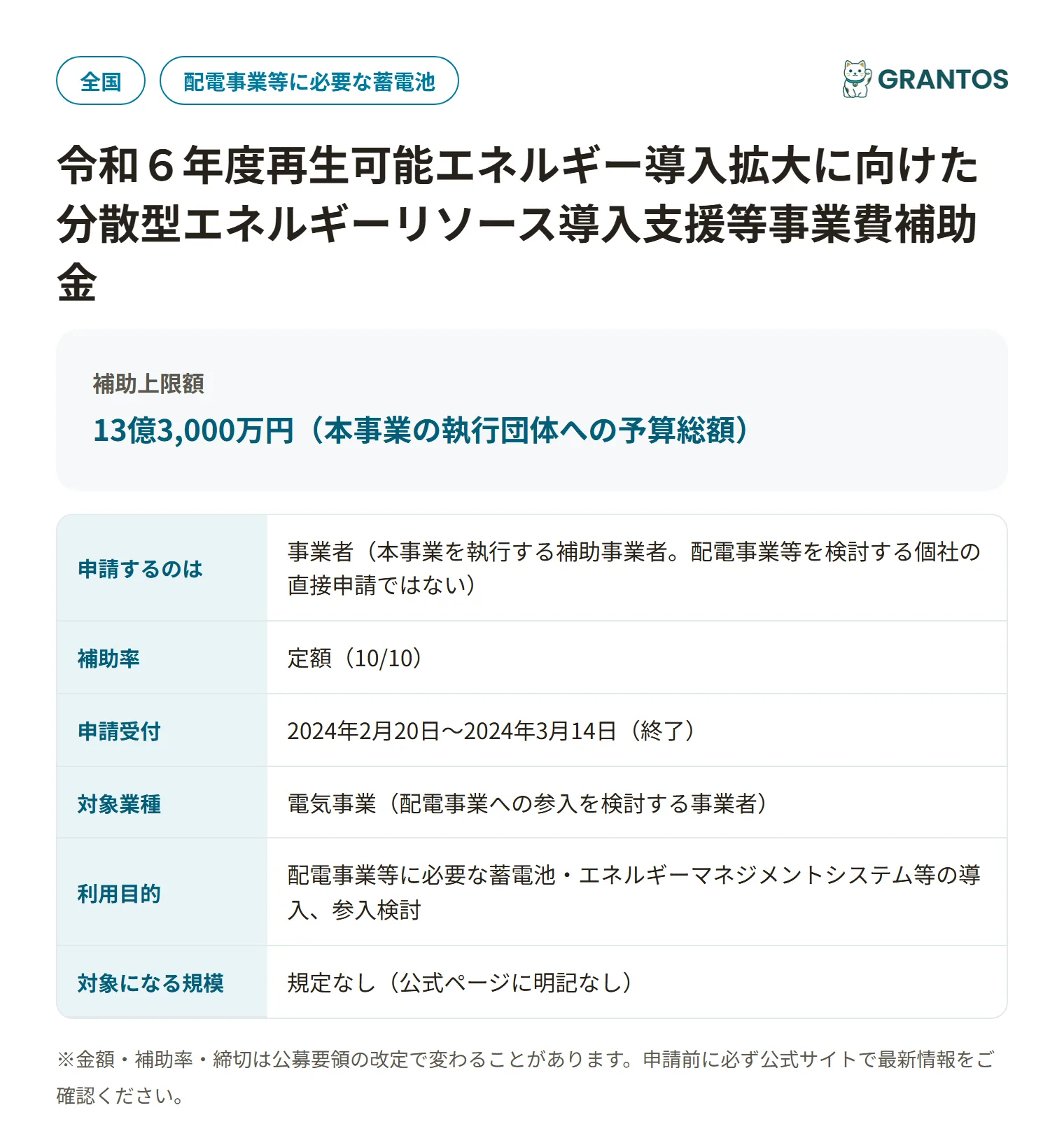 分散型エネルギーリソース導入支援等事業費補助金の対象・金額・締切の概要
