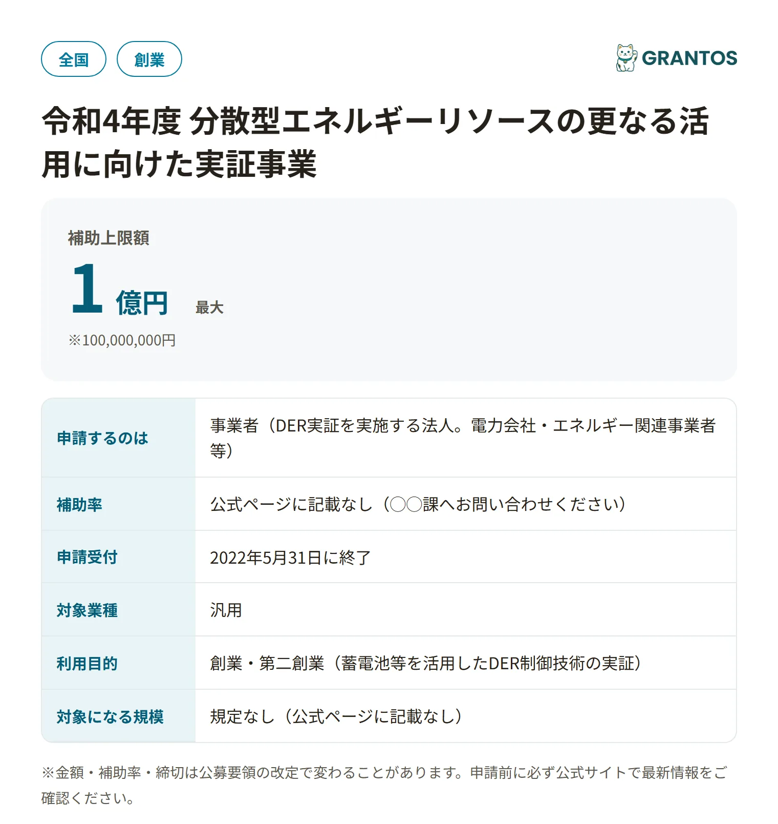 分散型エネルギーリソース活用実証事業の対象・金額・締切の概要