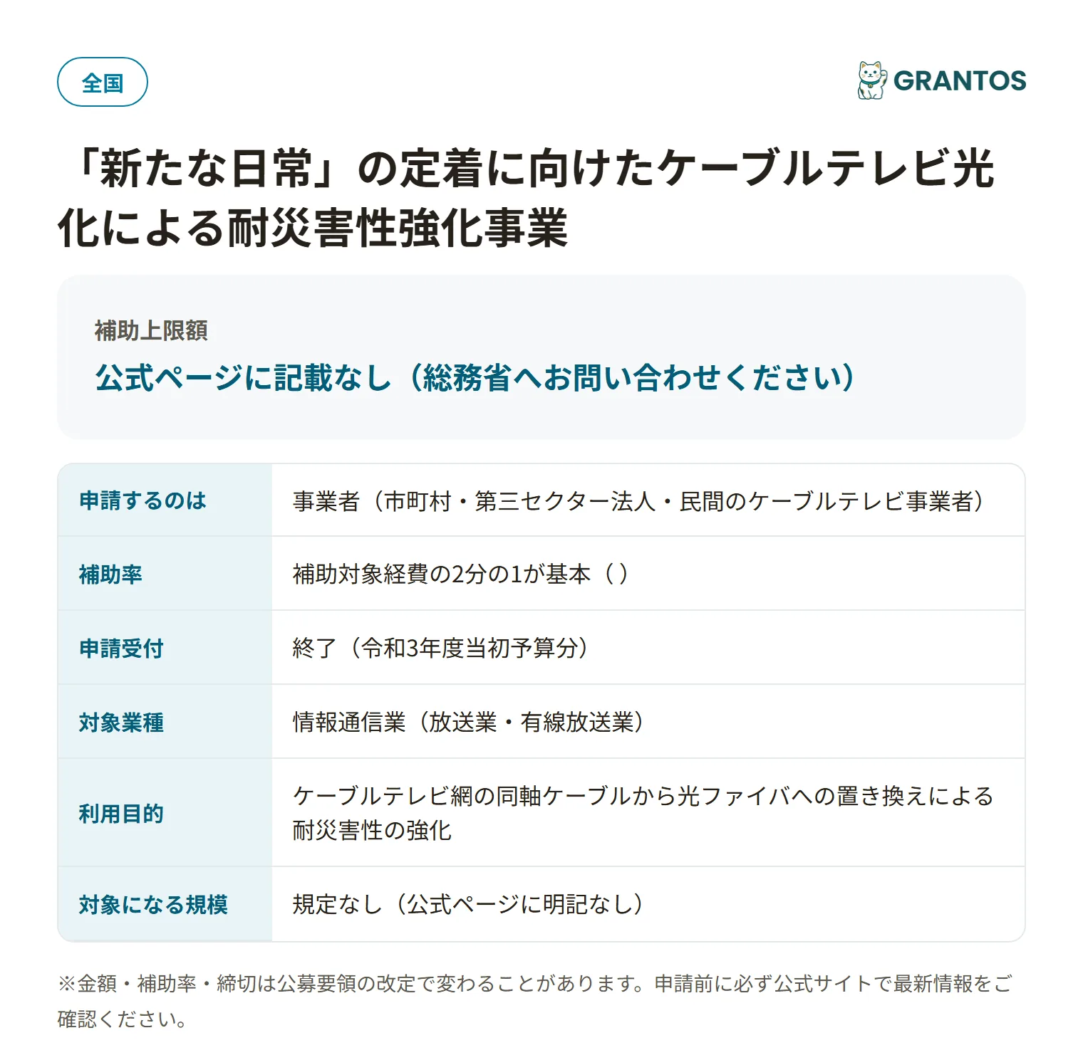 ケーブルテレビ光化耐災害性強化事業(R3当初)の対象・金額・締切の概要