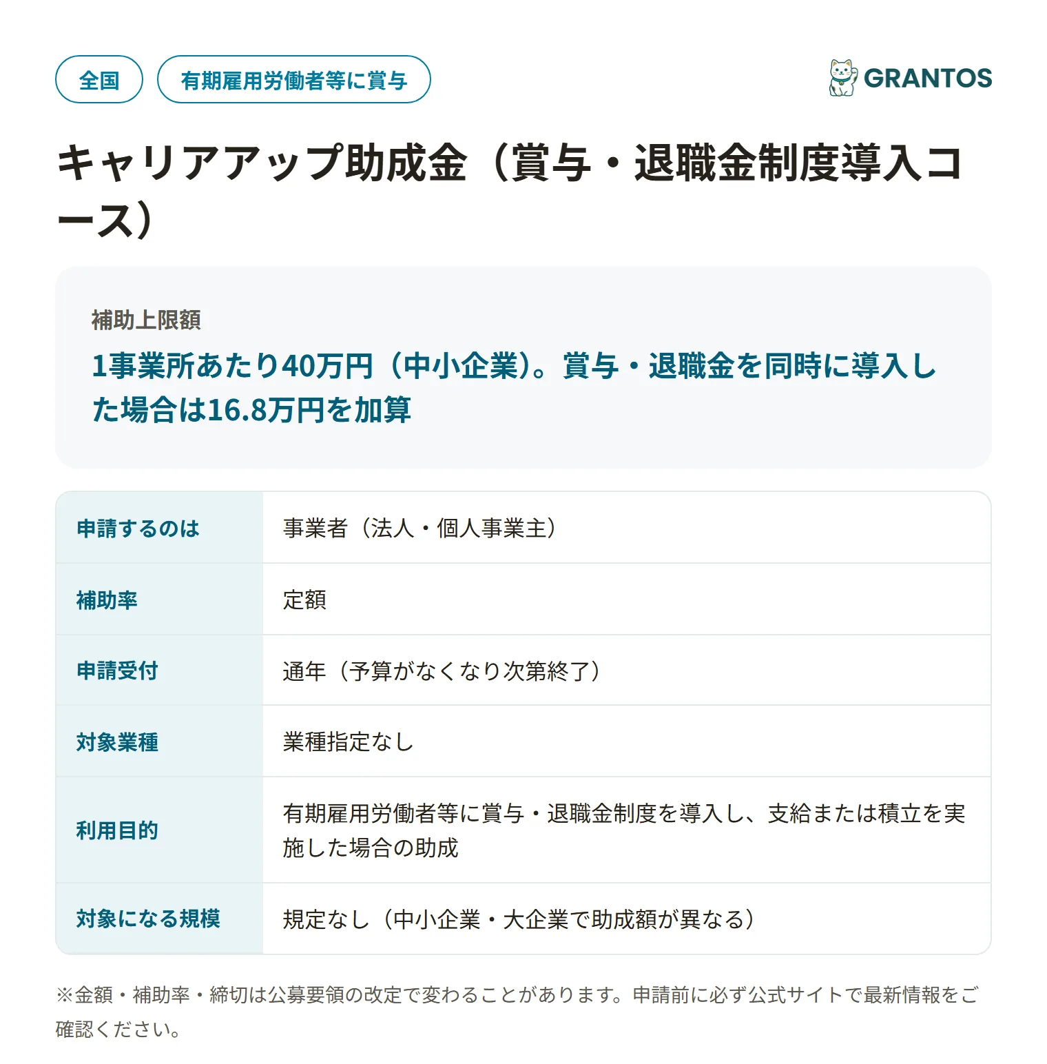 キャリアアップ助成金(賞与・退職金制度導入コース)の対象・金額・締切の概要
