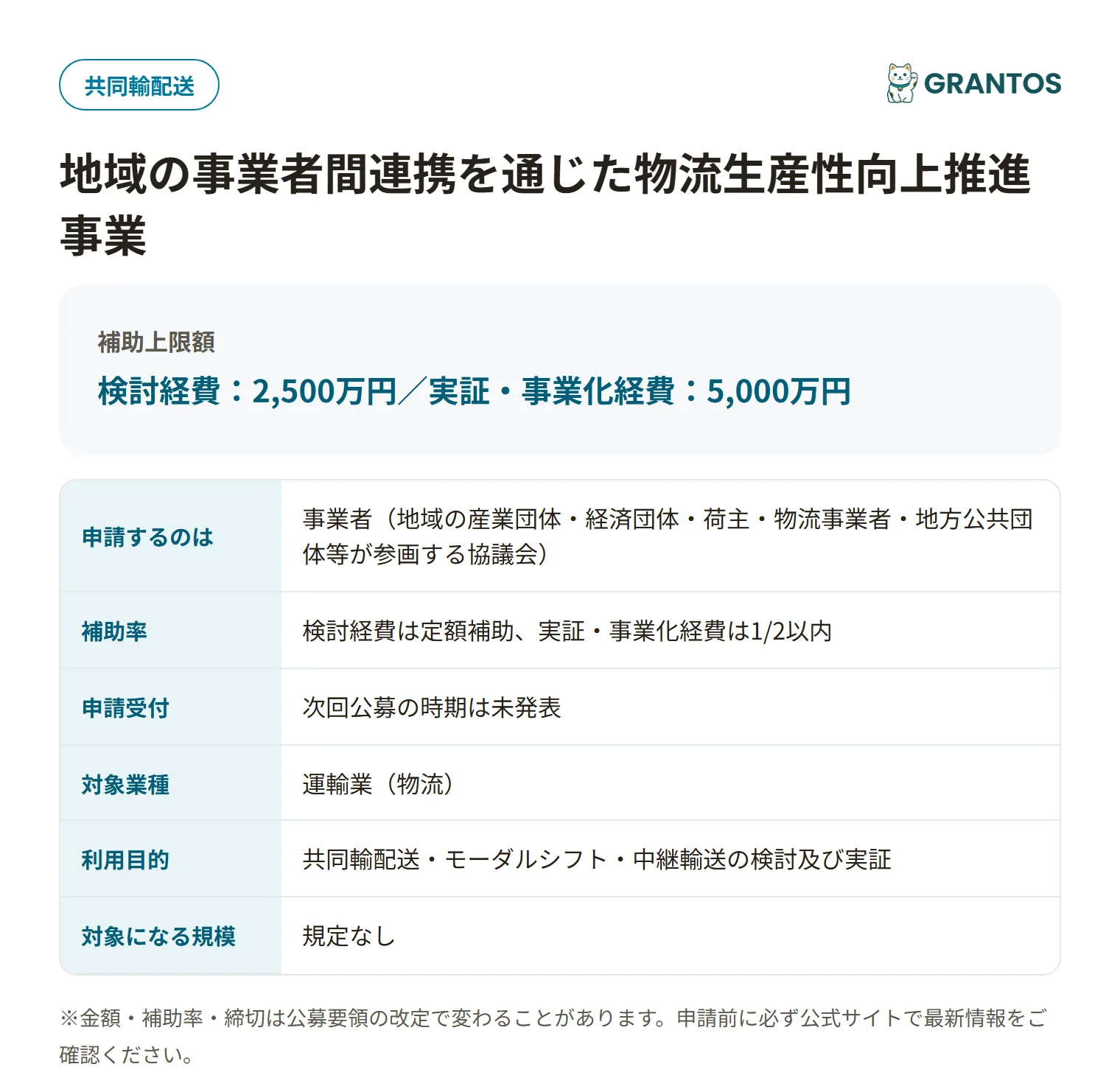 地域の事業者間連携を通じた物流生産性向上推進事業の対象・金額・締切の概要