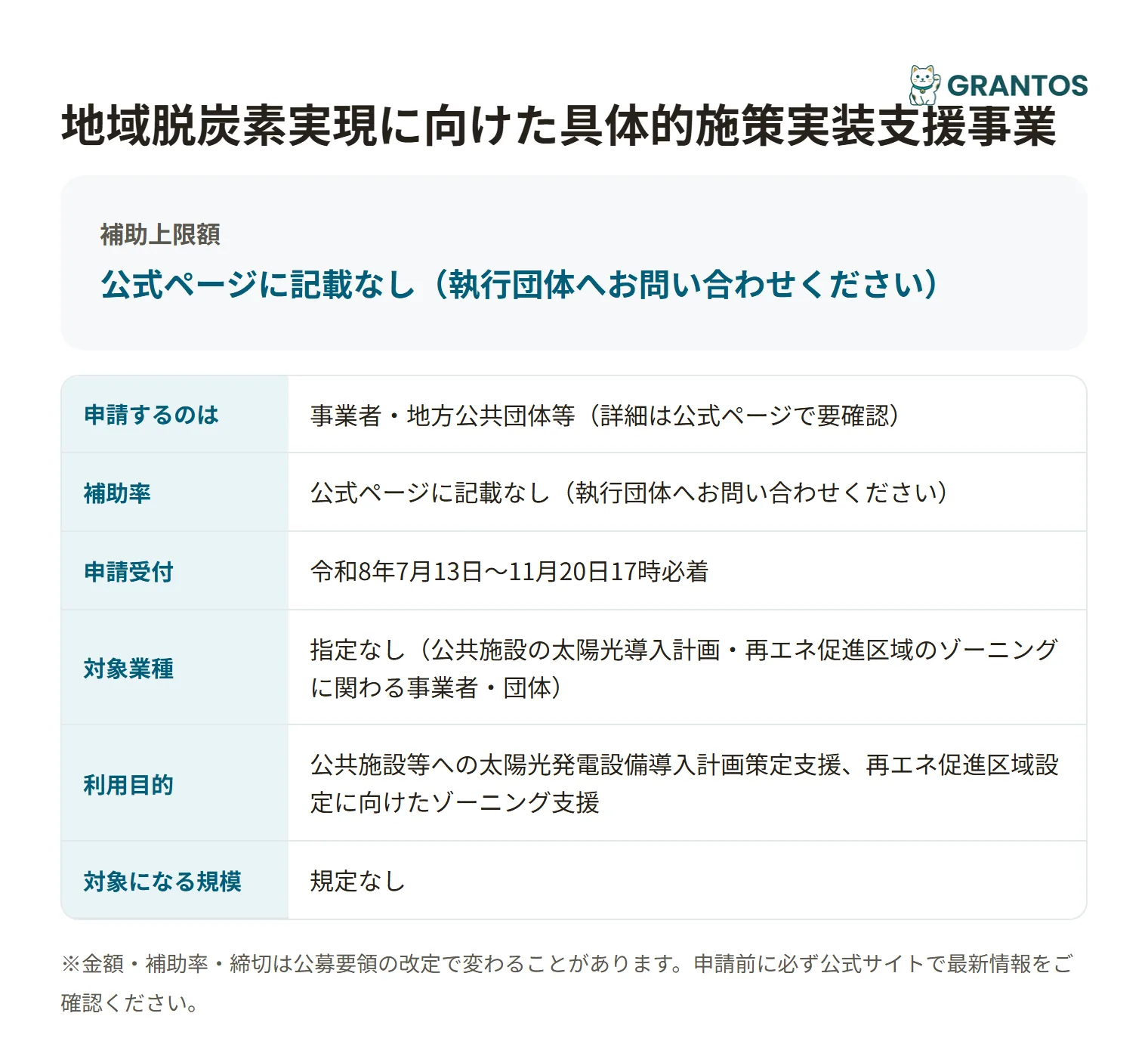 地域脱炭素実現に向けた具体的施策実装支援事業の対象・金額・締切の概要