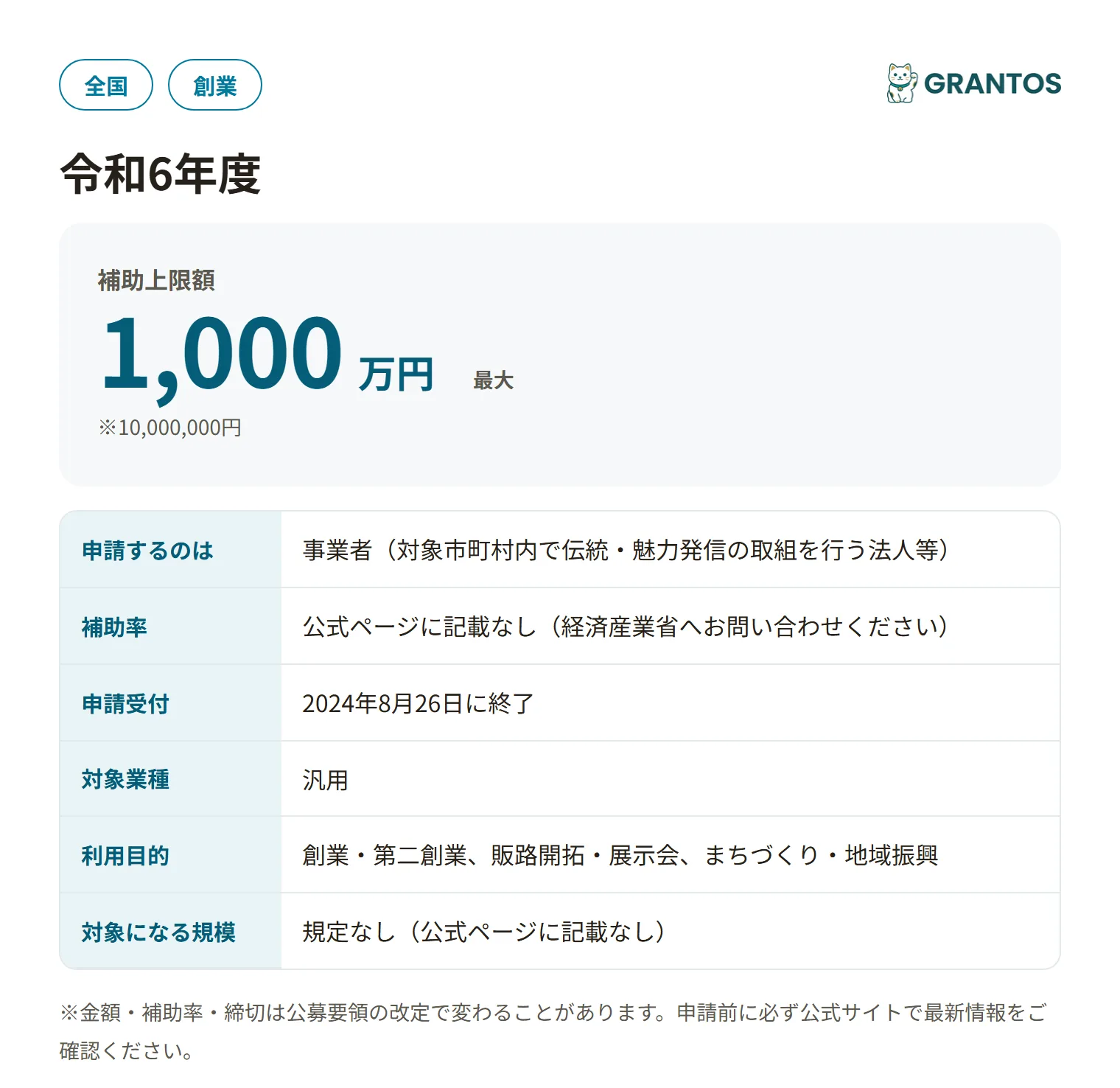 地域経済政策推進事業費補助金（地域の伝統・魅力等発信支援事業）の対象・金額・締切の概要