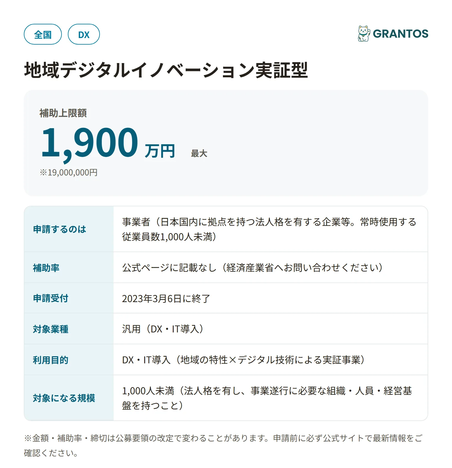地域デジタルイノベーション実証型の対象・金額・締切の概要