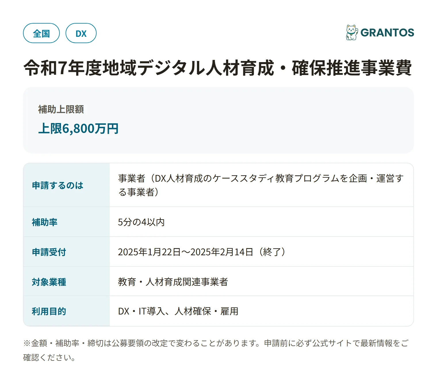 地域デジタル人材育成・確保推進事業費（ケーススタディ教育プログラム事業・令和7年度）の対象・金額・締切の概要