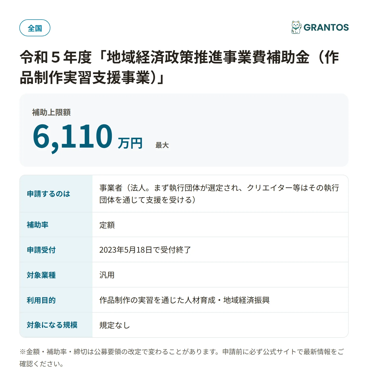 地域経済政策推進事業費補助金（作品制作実習支援事業）の対象・金額・締切の概要