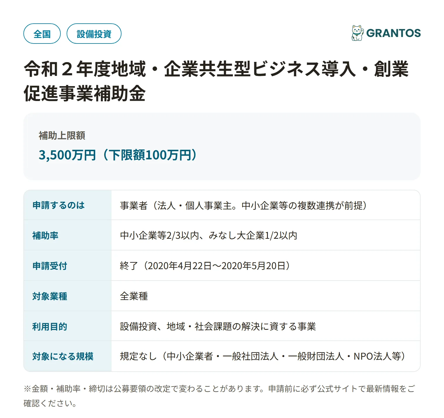 地域・企業共生型ビジネス導入・創業促進事業補助金の対象・金額・締切の概要