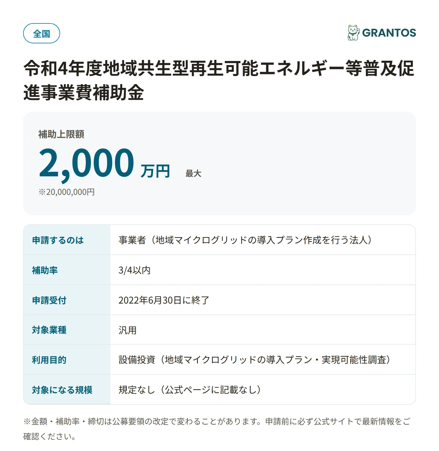 地域共生型再生可能エネルギー等普及促進事業費補助金（導入プラン作成事業）の対象・金額・締切の概要