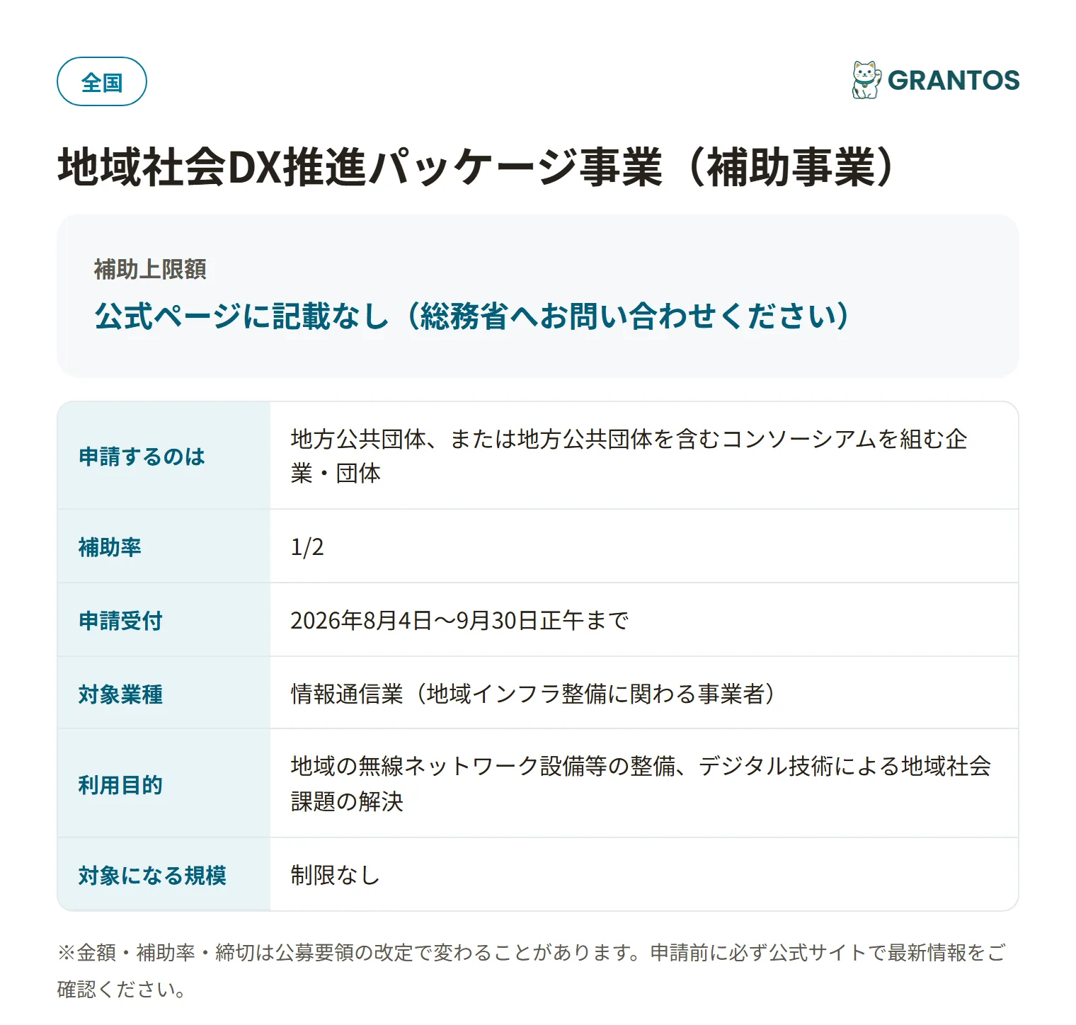 地域社会DX推進パッケージ事業（補助事業）の対象・金額・締切の概要