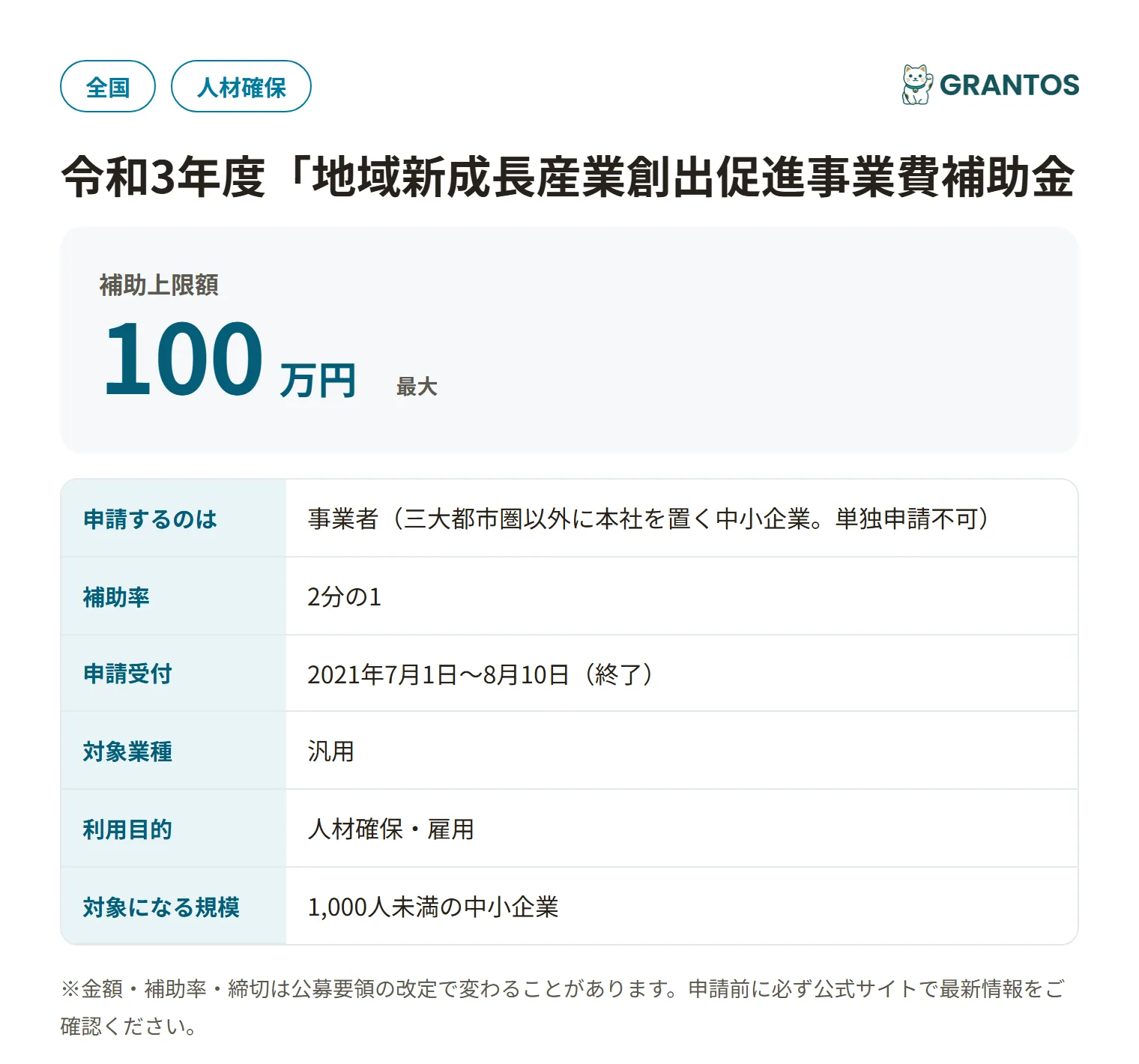 地域新成長産業創出促進事業費補助金（戦略的ツール活用型若者人材移転支援事業）2次公募の対象・金額・締切の概要