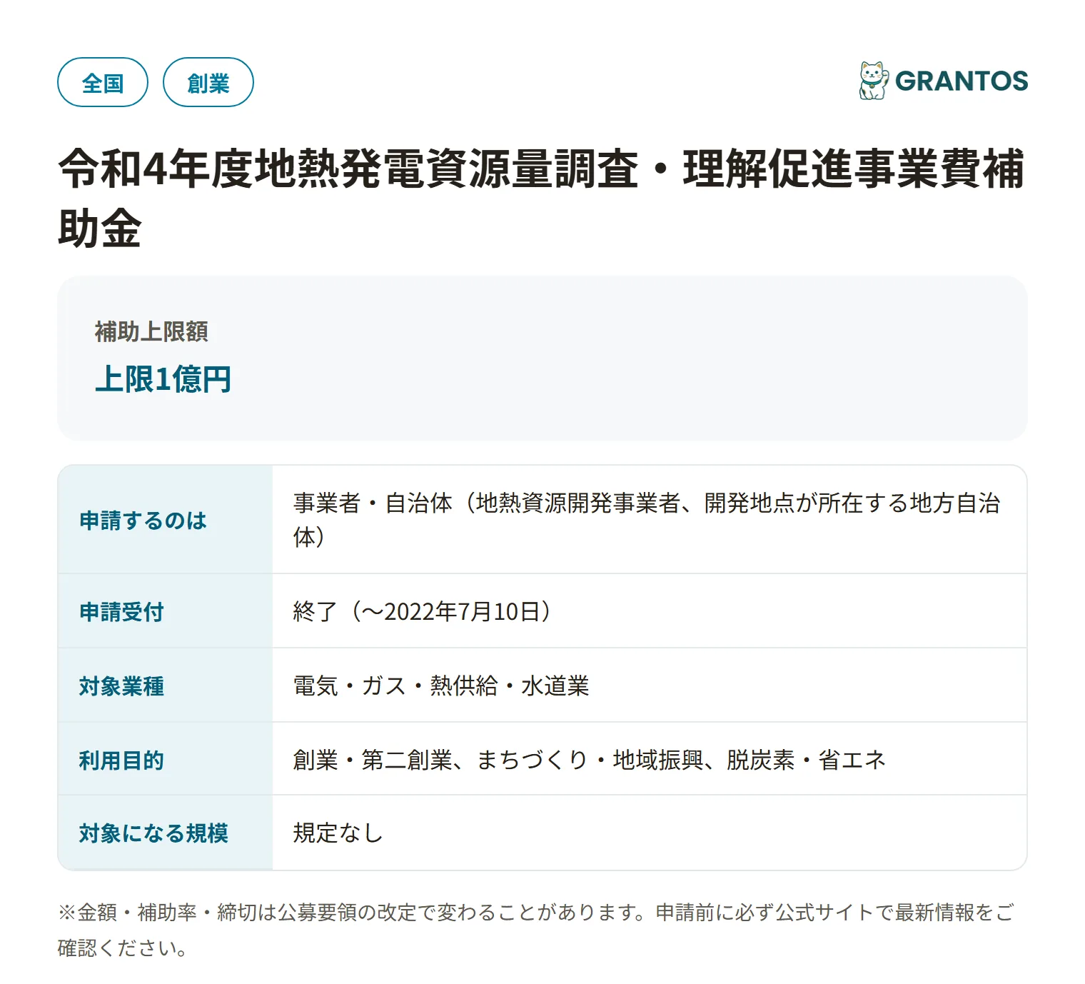 地熱発電資源量調査・理解促進事業費補助金（理解促進・R4第2次公募）の対象・金額・締切の概要